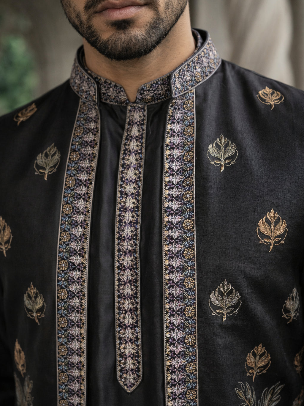 Silk Blend Embroidered Kurta with Pyjama & Waistcoat ( 65KPWCS 5479Black )