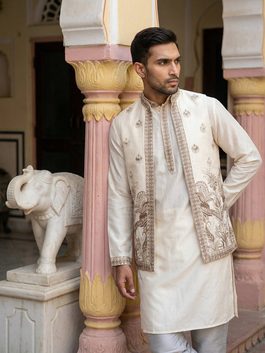 Silk Blend Embroidered Kurta with Pyjama & Waistcoat ( 65KPWCS 5479White )