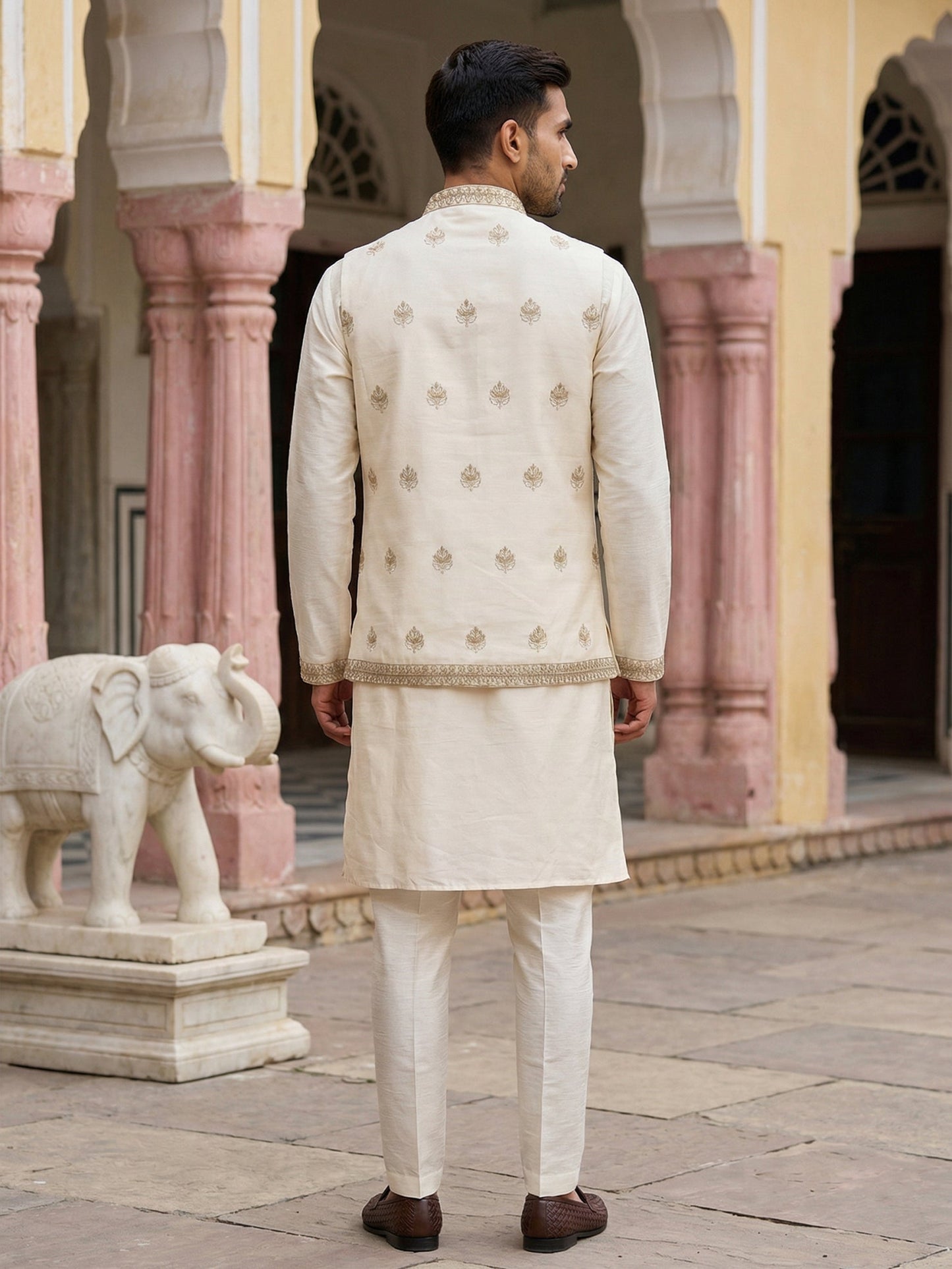 Silk Blend Embroidered Kurta with Pyjama & Waistcoat ( 65KPWCS 5479White )