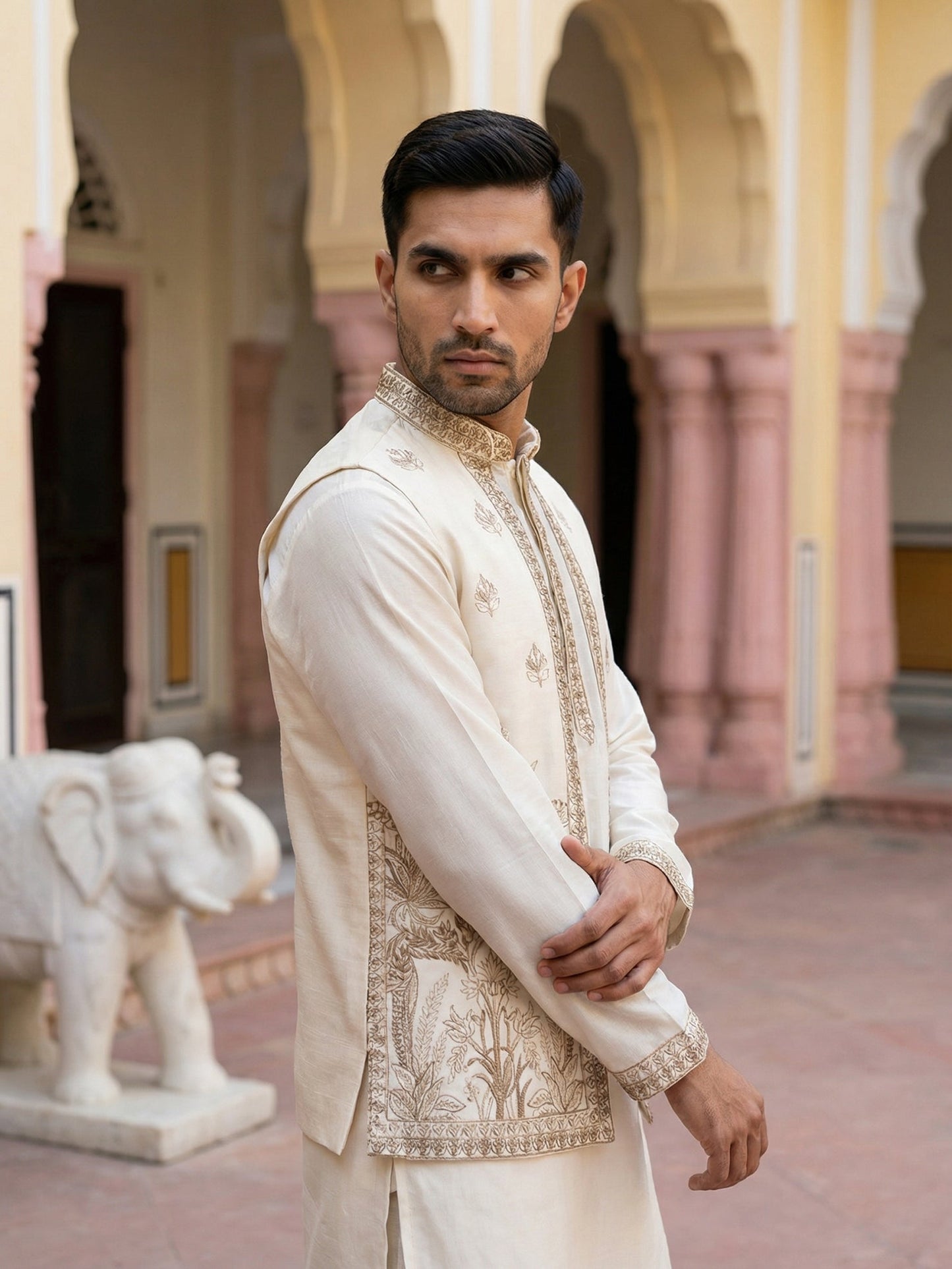 Silk Blend Embroidered Kurta with Pyjama & Waistcoat ( 65KPWCS 5479White )