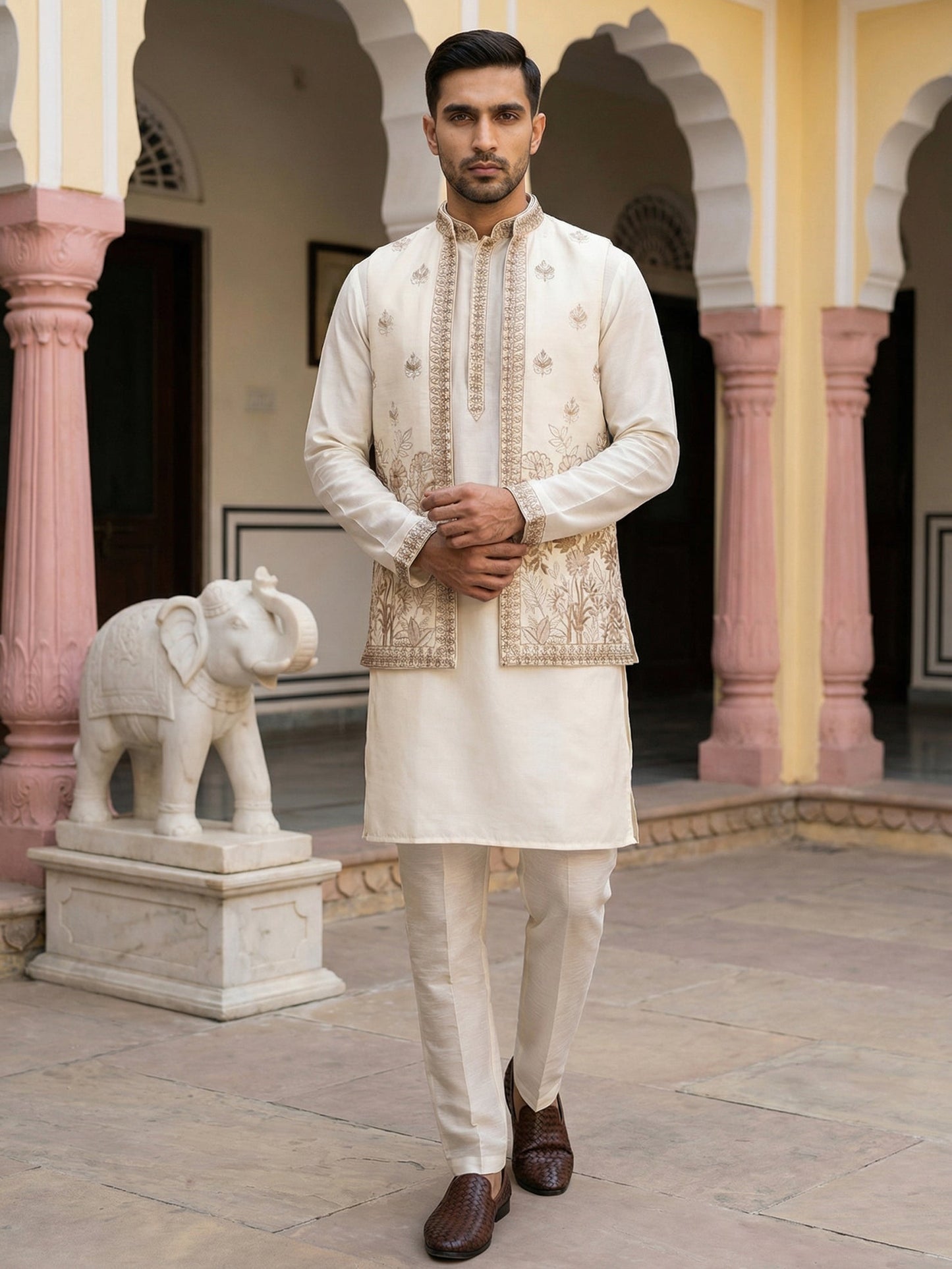 Silk Blend Embroidered Kurta with Pyjama & Waistcoat ( 65KPWCS 5479White )