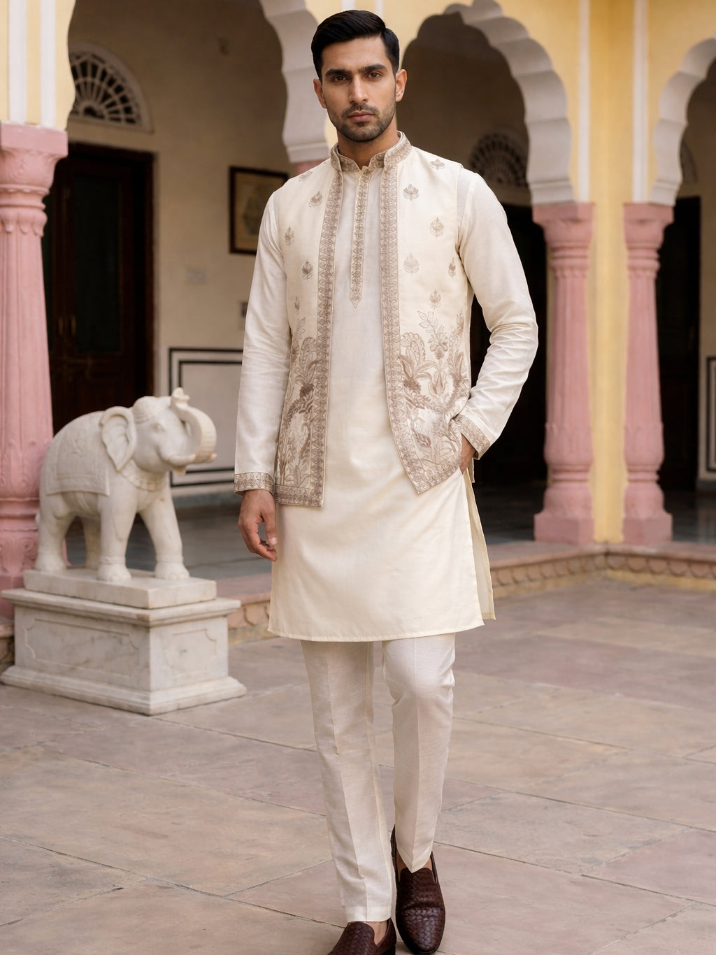 Silk Blend Embroidered Kurta with Pyjama & Waistcoat ( 65KPWCS 5479White )
