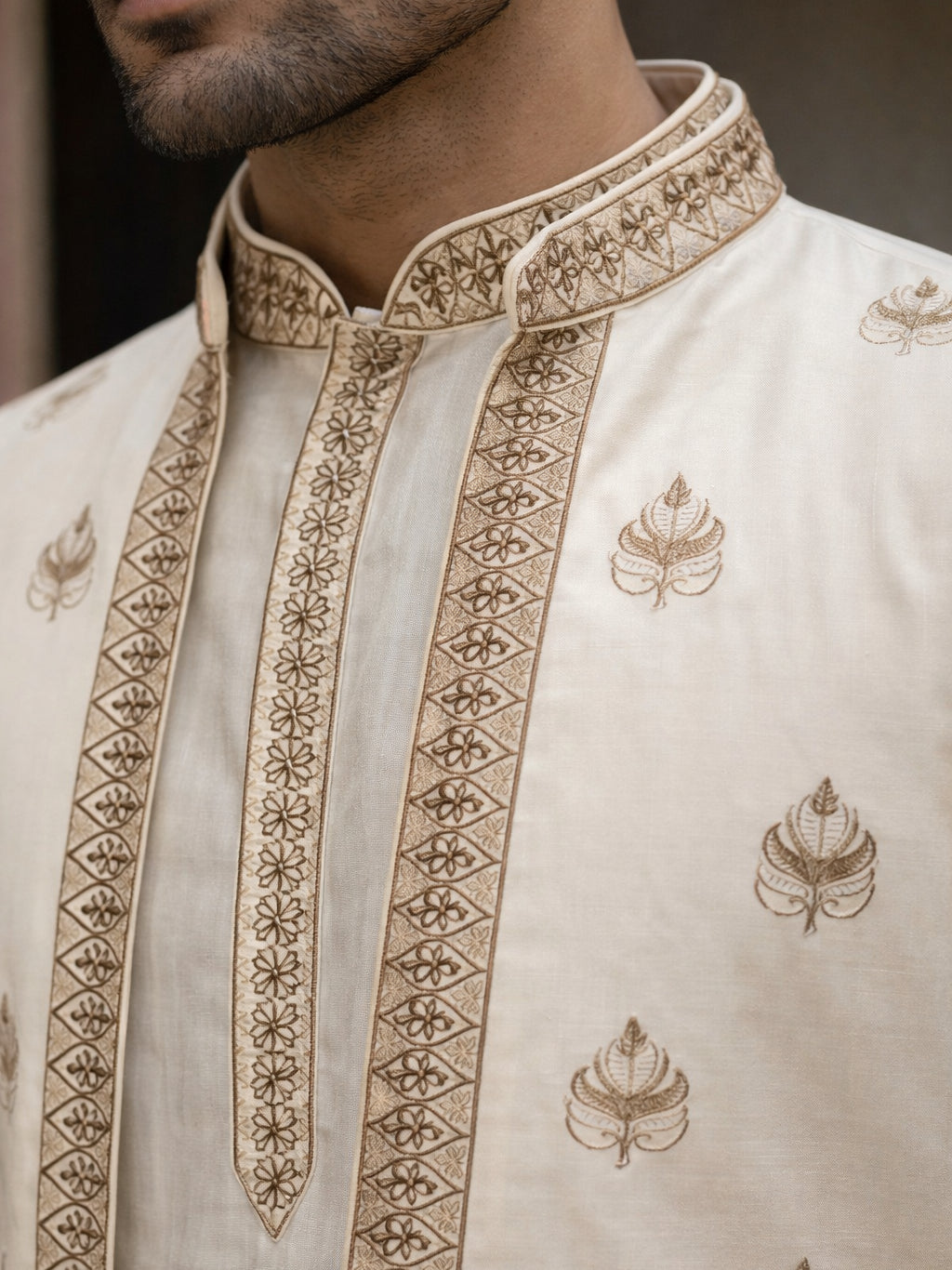 Silk Blend Embroidered Kurta with Pyjama & Waistcoat ( 65KPWCS 5479White )