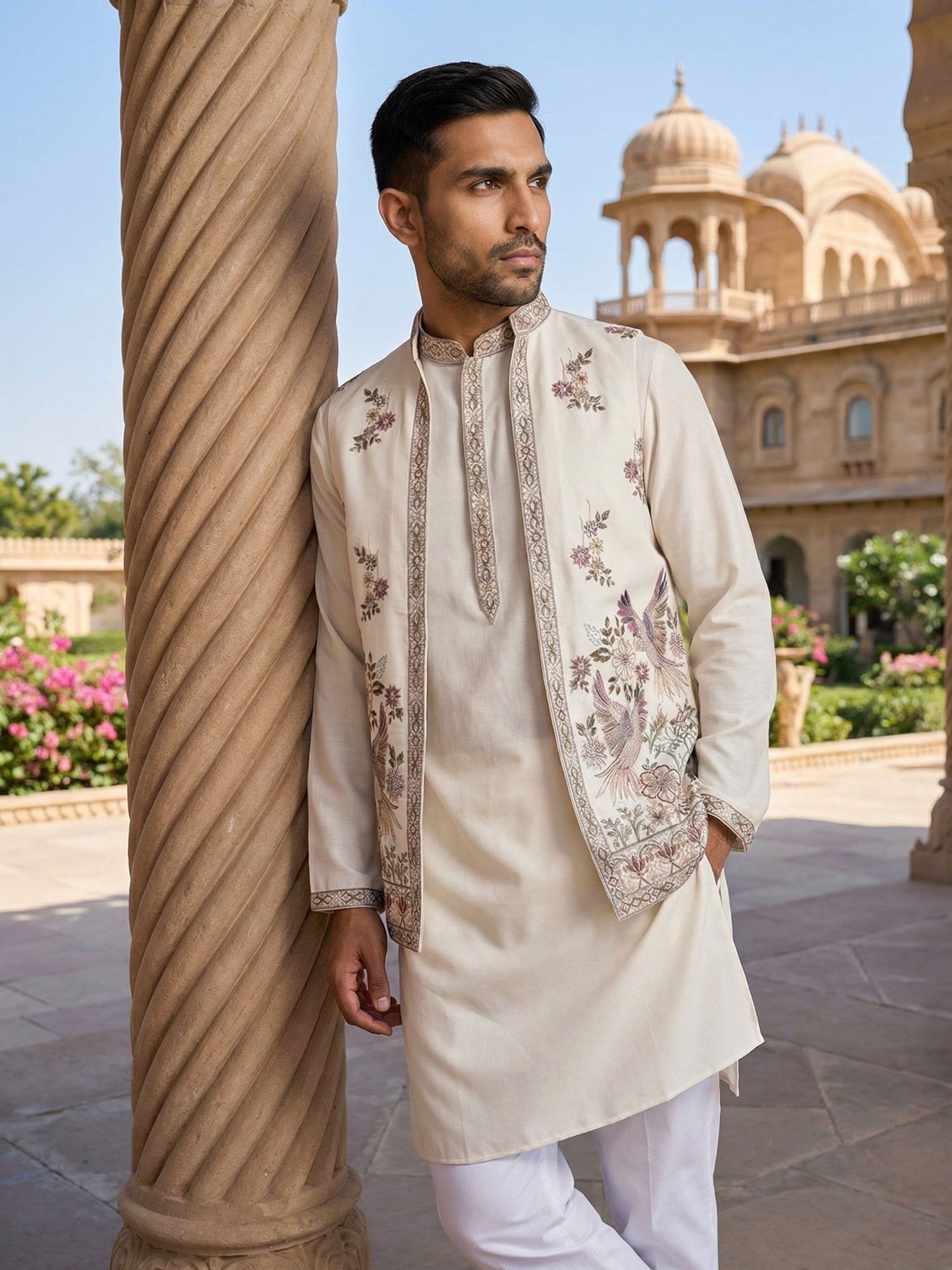 Silk Blend Kurta with Pyjama & Waistcoat ( 65KPWCS 5480White )