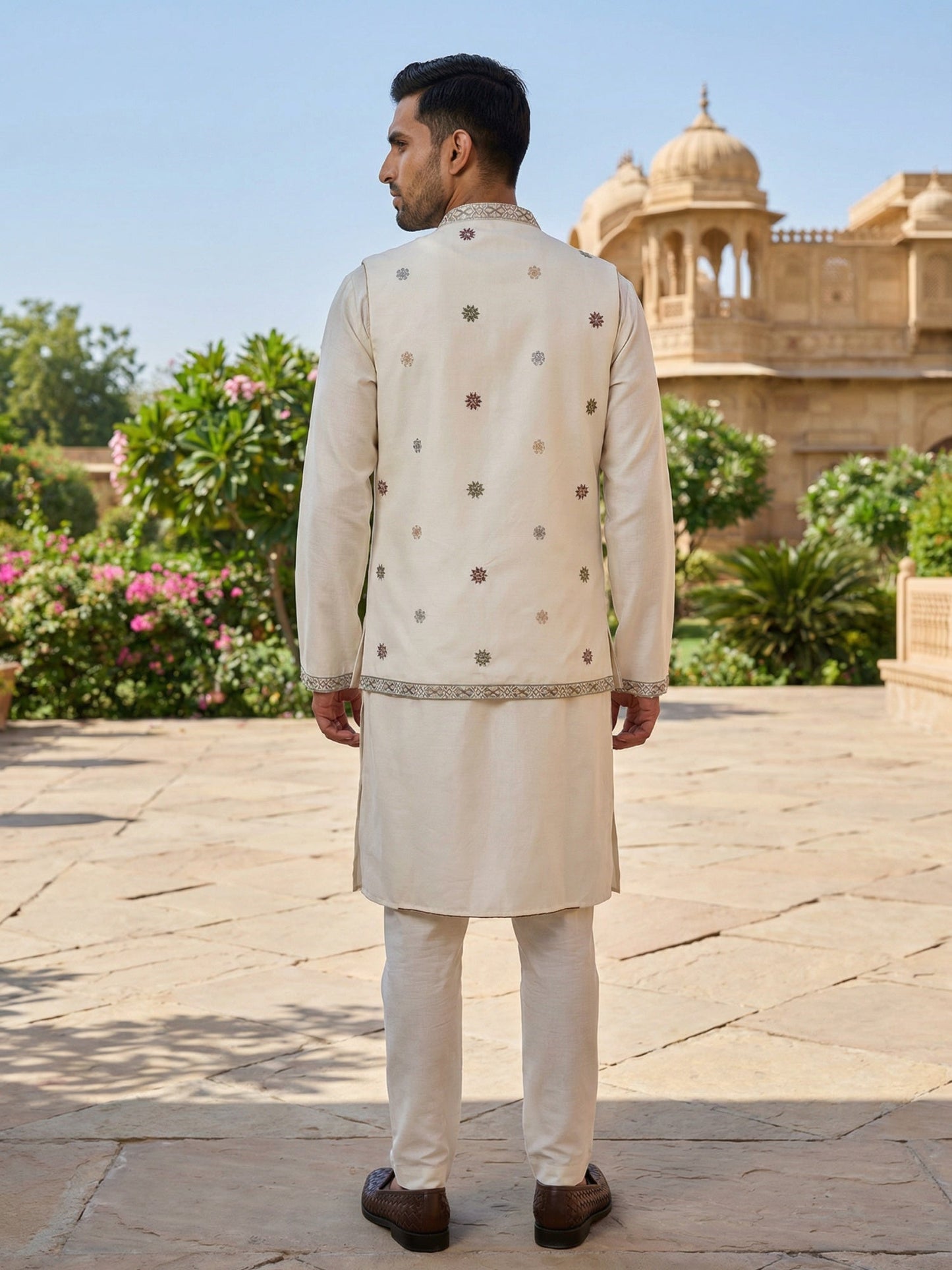 Silk Blend Kurta with Pyjama & Waistcoat ( 65KPWCS 5480White )