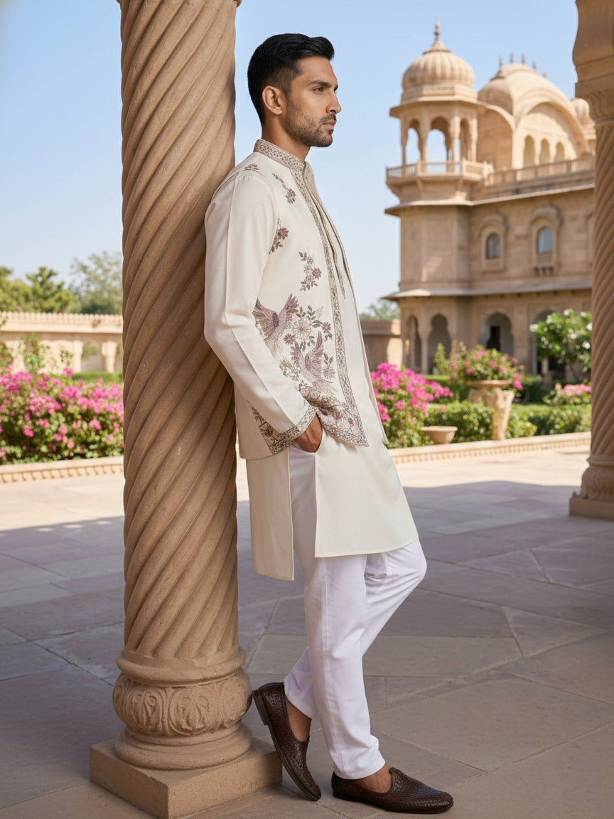 Silk Blend Kurta with Pyjama & Waistcoat ( 65KPWCS 5480White )
