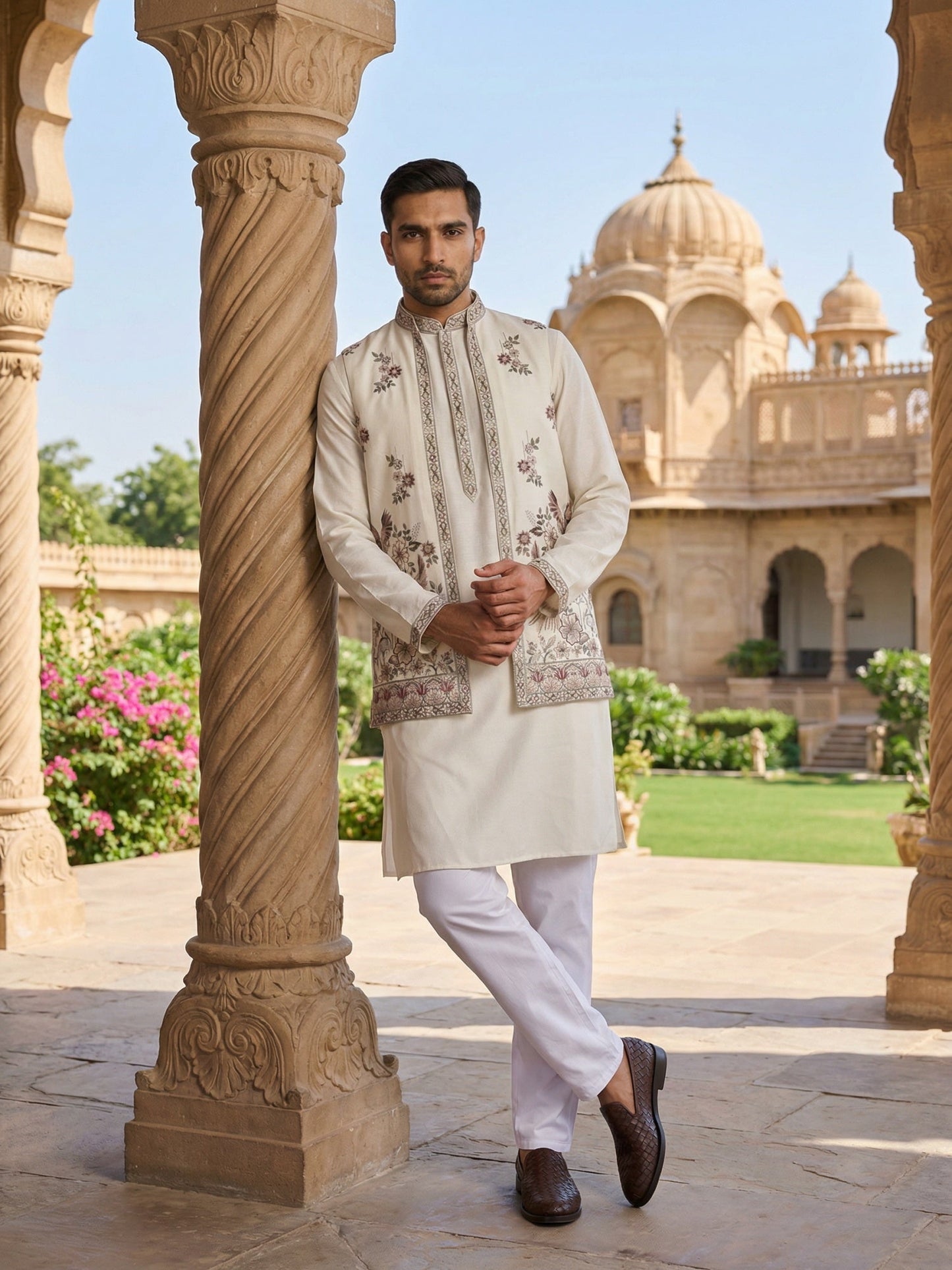 Silk Blend Kurta with Pyjama & Waistcoat ( 65KPWCS 5480White )
