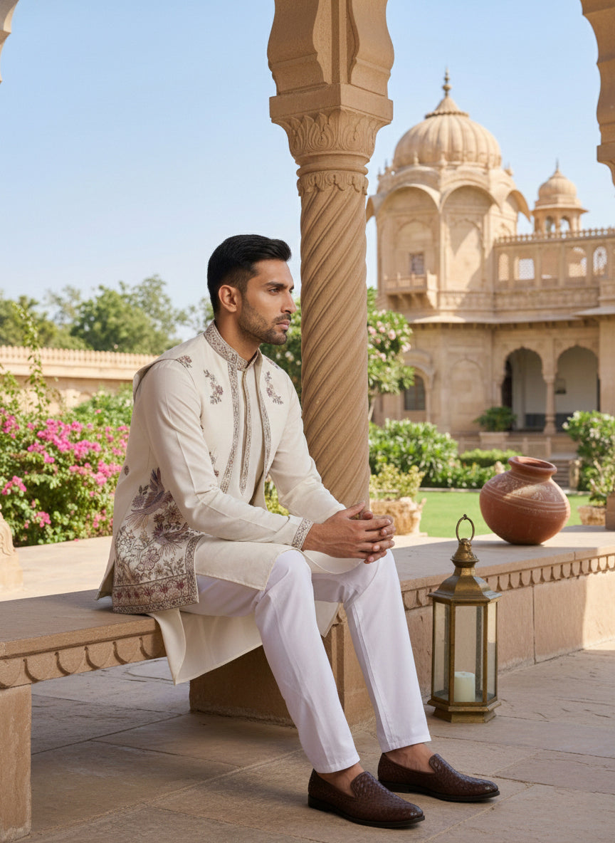 Silk Blend Kurta with Pyjama & Waistcoat ( 65KPWCS 5480White )