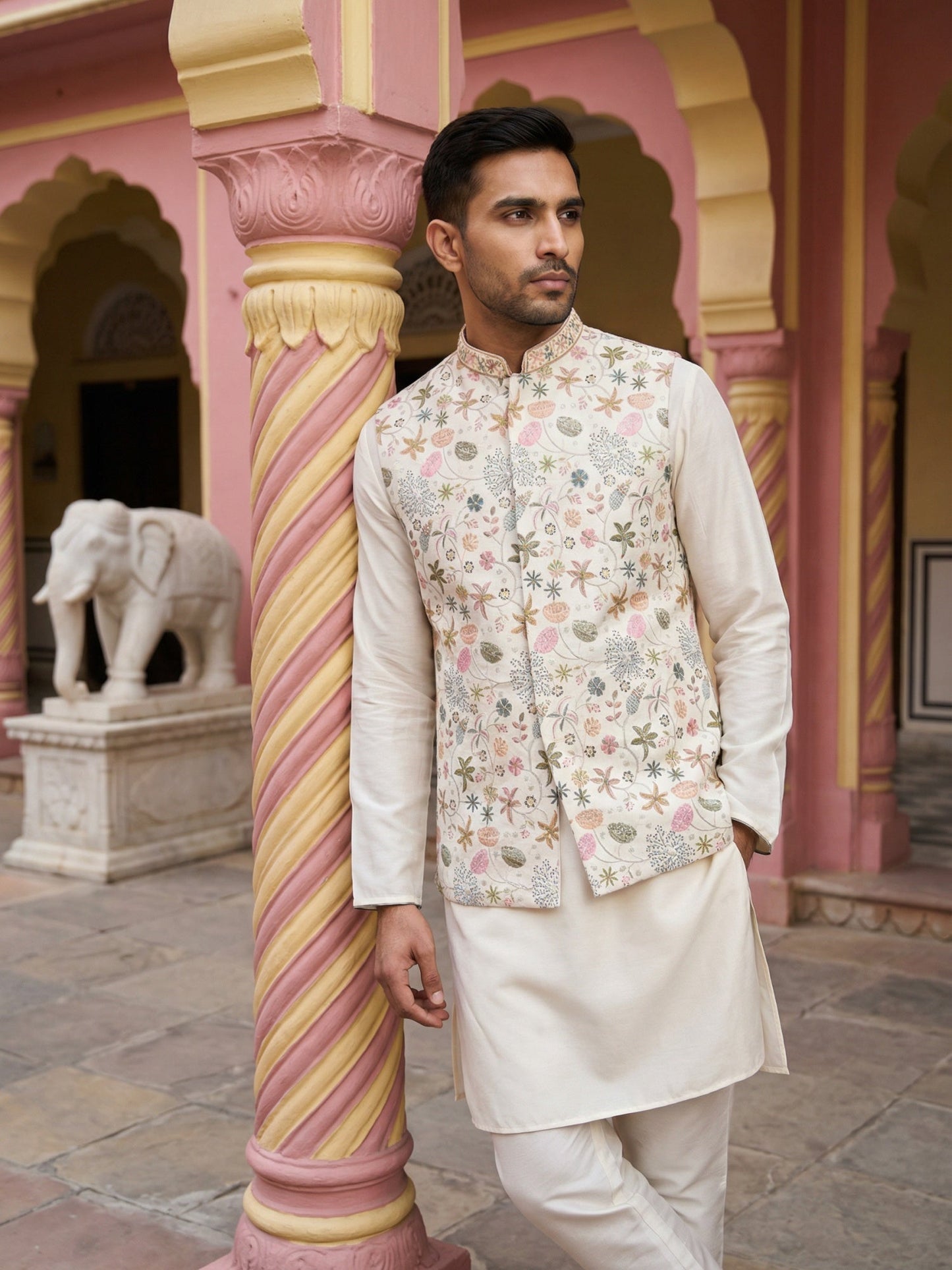 Cotton Blend Kurta Set with Designer Waistcoat ( 65KPWCS 5481White )
