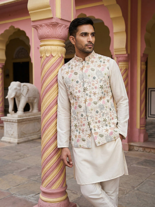 Cotton Blend Kurta Set with Designer Waistcoat ( 65KPWCS 5481White )