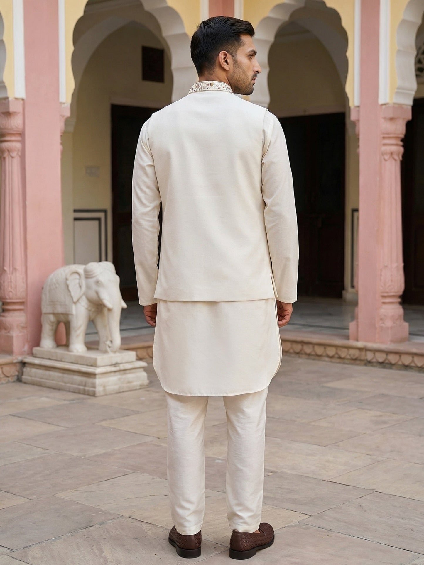 Cotton Blend Kurta Set with Designer Waistcoat ( 65KPWCS 5481White )