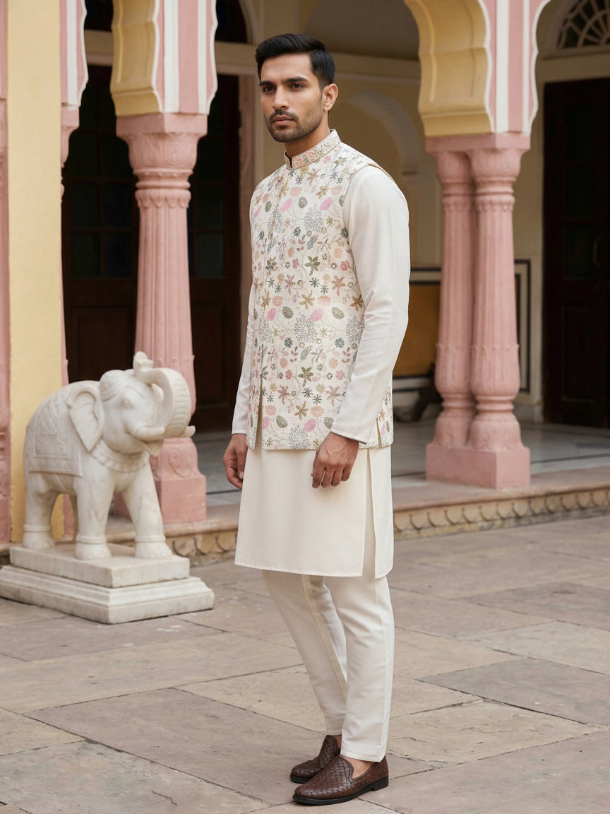 Cotton Blend Kurta Set with Designer Waistcoat ( 65KPWCS 5481White )