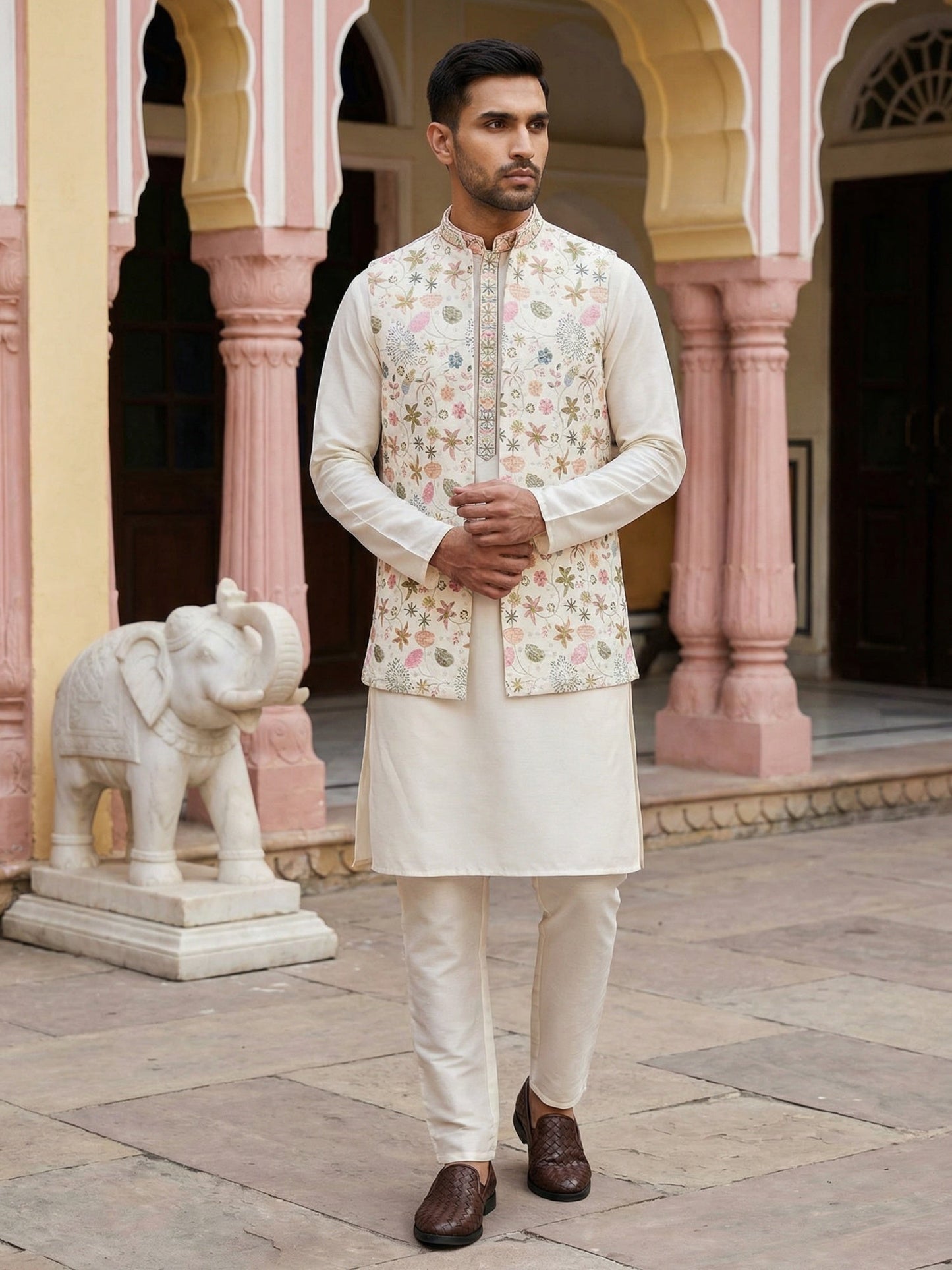 Cotton Blend Kurta Set with Designer Waistcoat ( 65KPWCS 5481White )