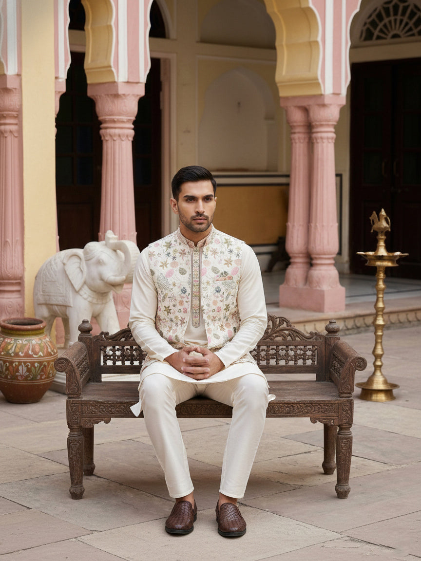 Cotton Blend Kurta Set with Designer Waistcoat ( 65KPWCS 5481White )