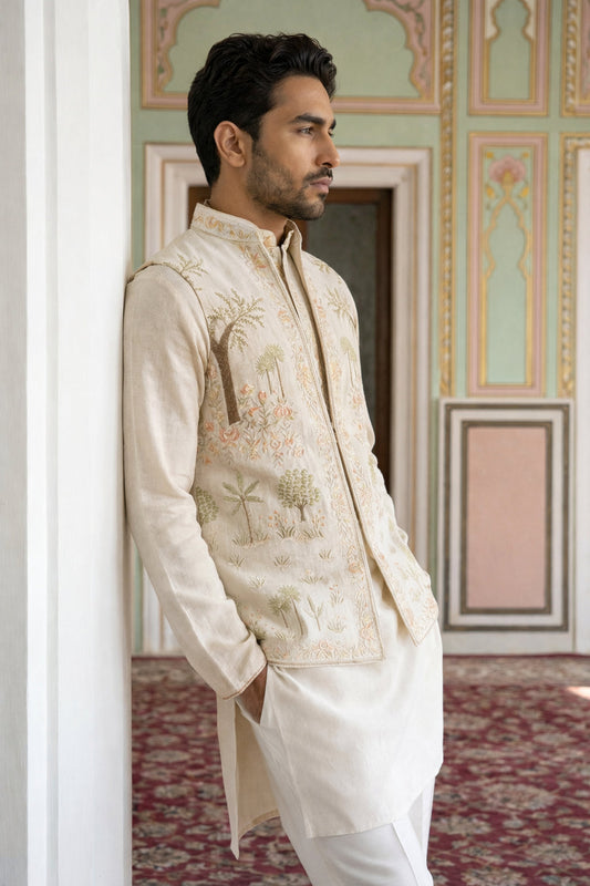 Cotton Kurta with Pyjama & Waistcoat ( 65KPWCS 5491Beige )