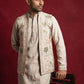 Men Floral Embroidered Cotton Kurta Pyjama & Waistcoat Set ( 65KPWCS MC 5491Beige ) [FF] [H-12]