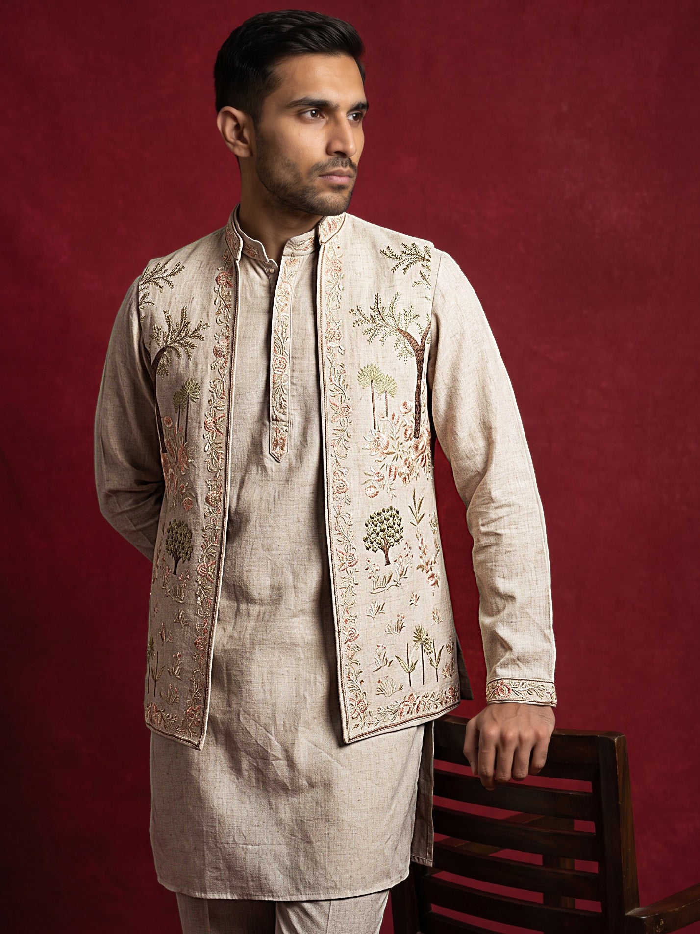 Men Floral Embroidered Cotton Kurta Pyjama & Waistcoat Set ( 65KPWCS MC 5491Beige ) [FF] [H-12]