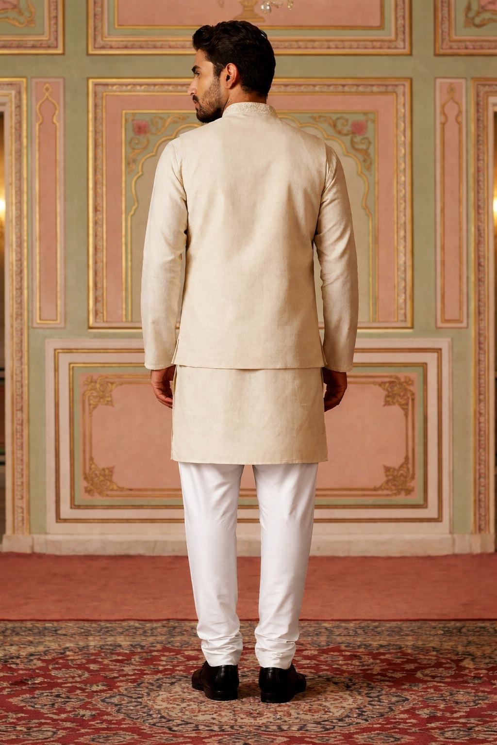 Cotton Kurta with Pyjama & Waistcoat ( 65KPWCS 5491Beige )