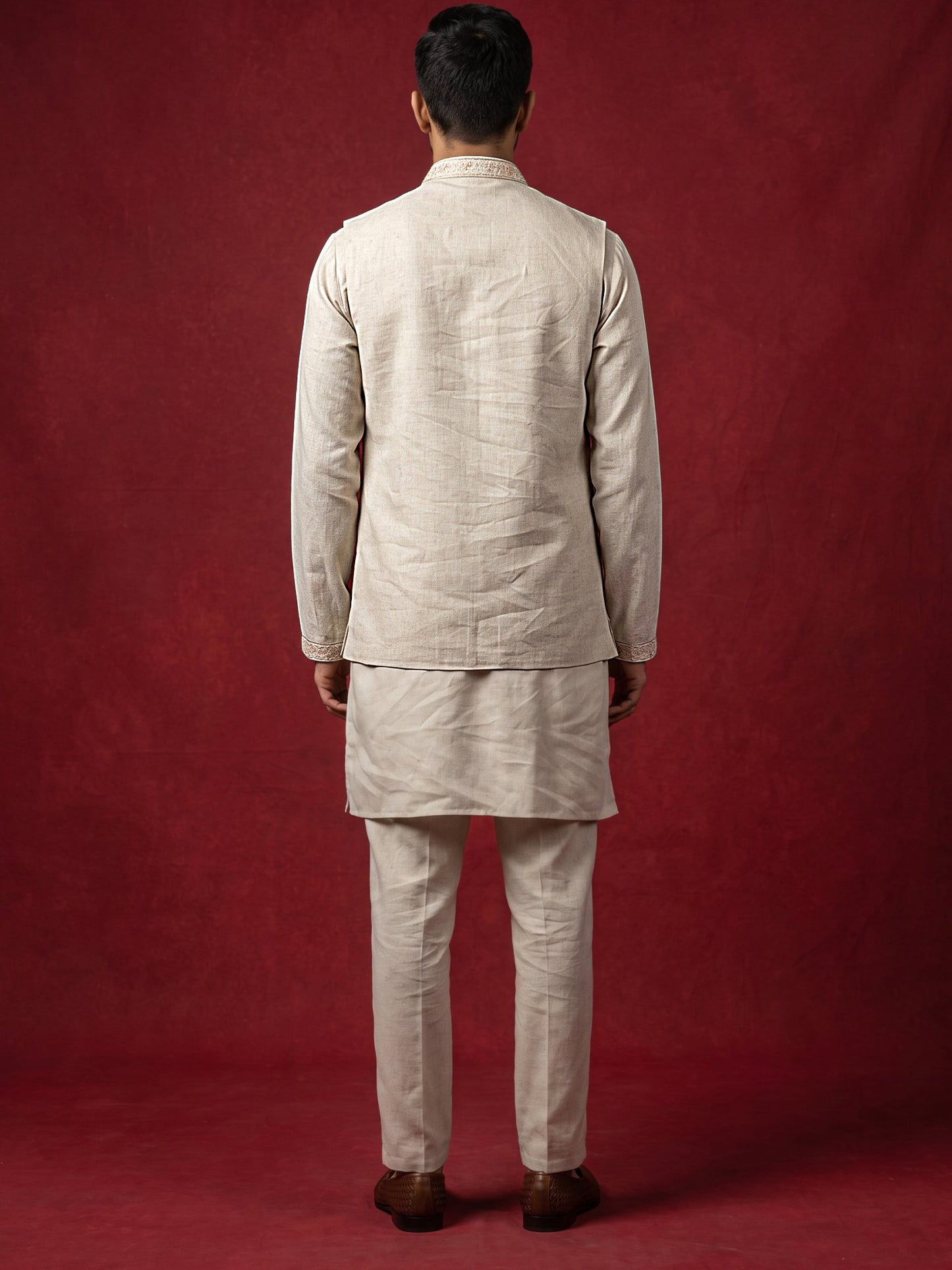 Men Floral Embroidered Cotton Kurta Pyjama & Waistcoat Set ( 65KPWCS MC 5491Beige ) [FF] [H-12]