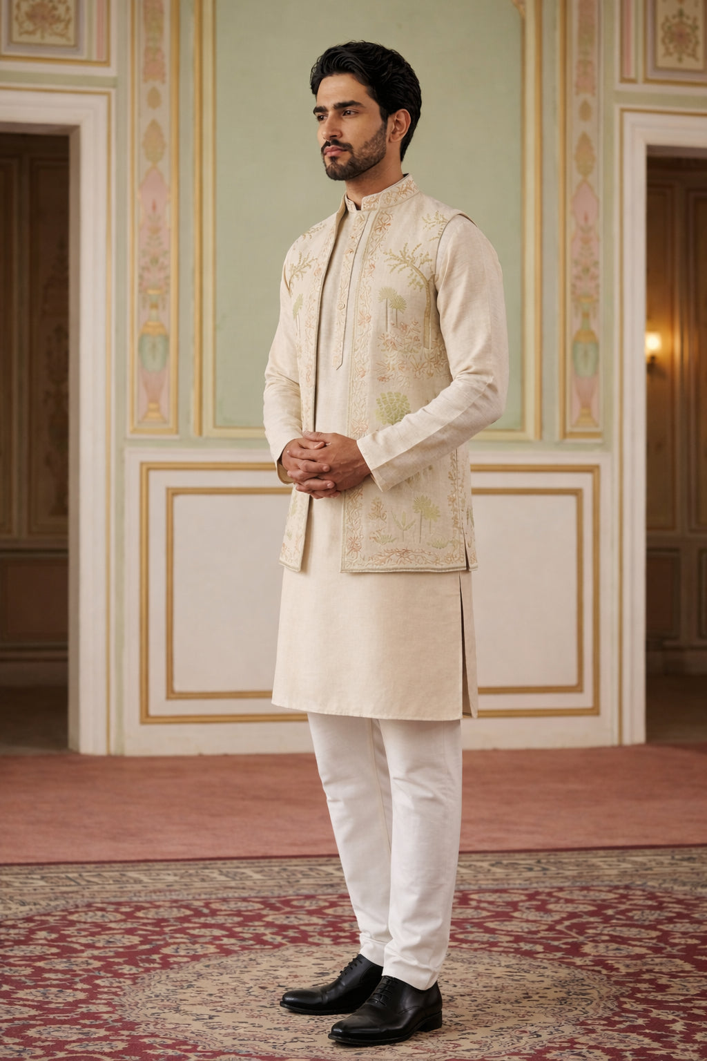 Cotton Kurta with Pyjama & Waistcoat ( 65KPWCS 5491Beige )