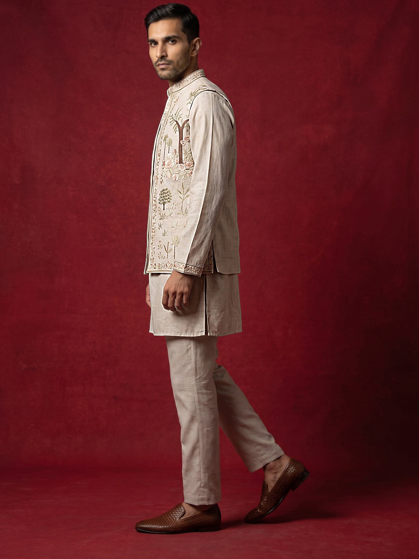 Men Floral Embroidered Cotton Kurta Pyjama & Waistcoat Set ( 65KPWCS MC 5491Beige ) [FF] [H-12]