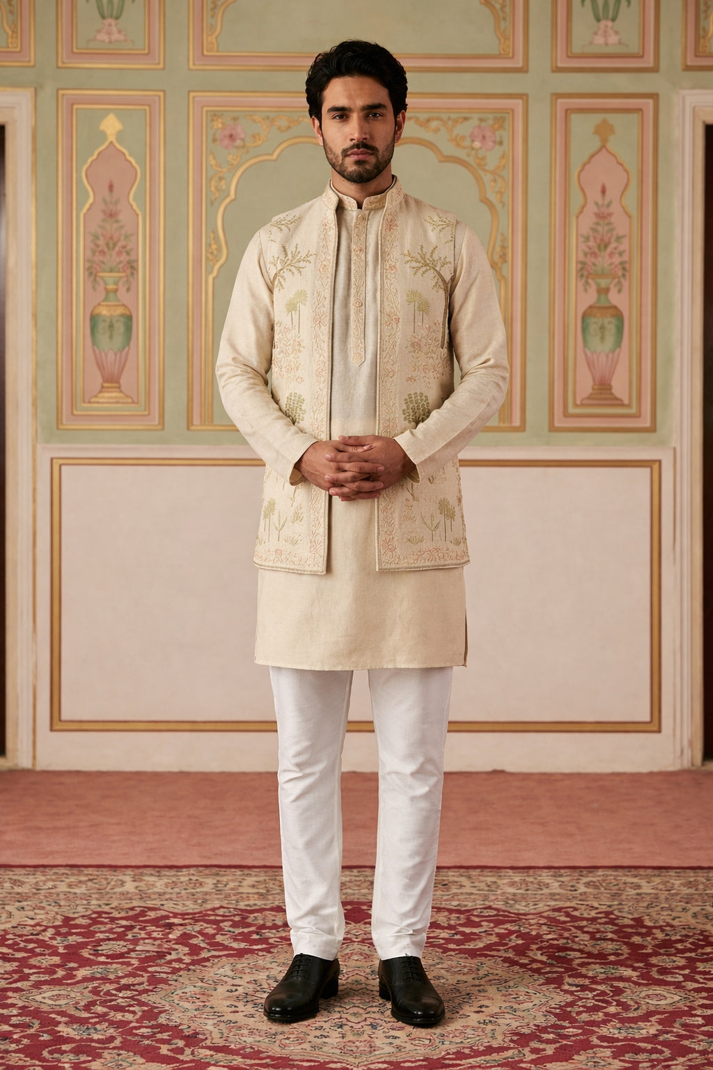 Cotton Kurta with Pyjama & Waistcoat ( 65KPWCS 5491Beige )