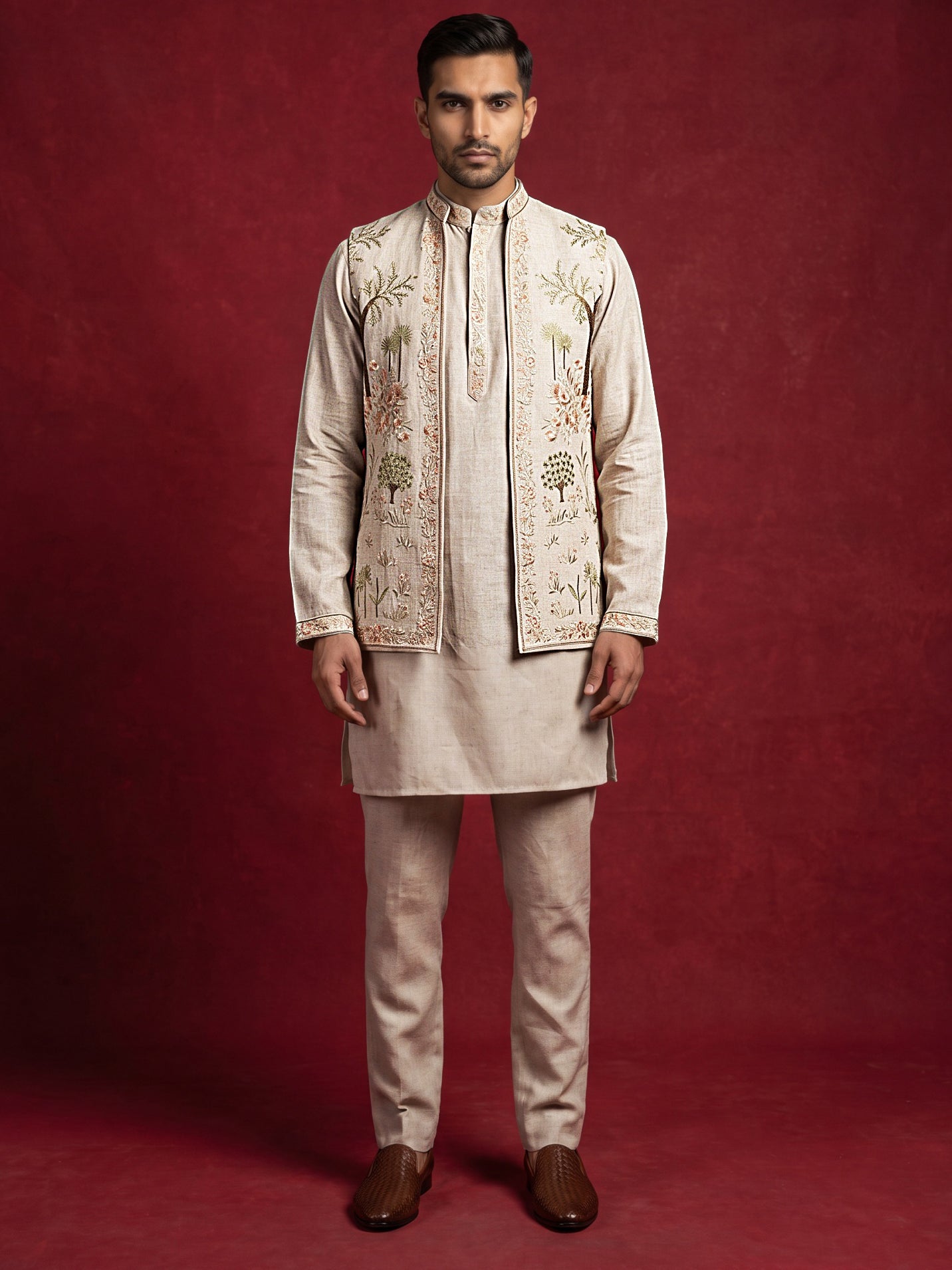 Men Floral Embroidered Cotton Kurta Pyjama & Waistcoat Set ( 65KPWCS MC 5491Beige ) [FF] [H-12]