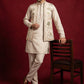 Men Floral Embroidered Cotton Kurta Pyjama & Waistcoat Set ( 65KPWCS MC 5491Beige ) [FF] [H-12]