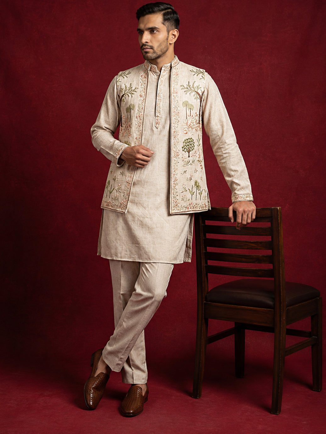 Men Floral Embroidered Cotton Kurta Pyjama & Waistcoat Set ( 65KPWCS MC 5491Beige ) [FF] [H-12]