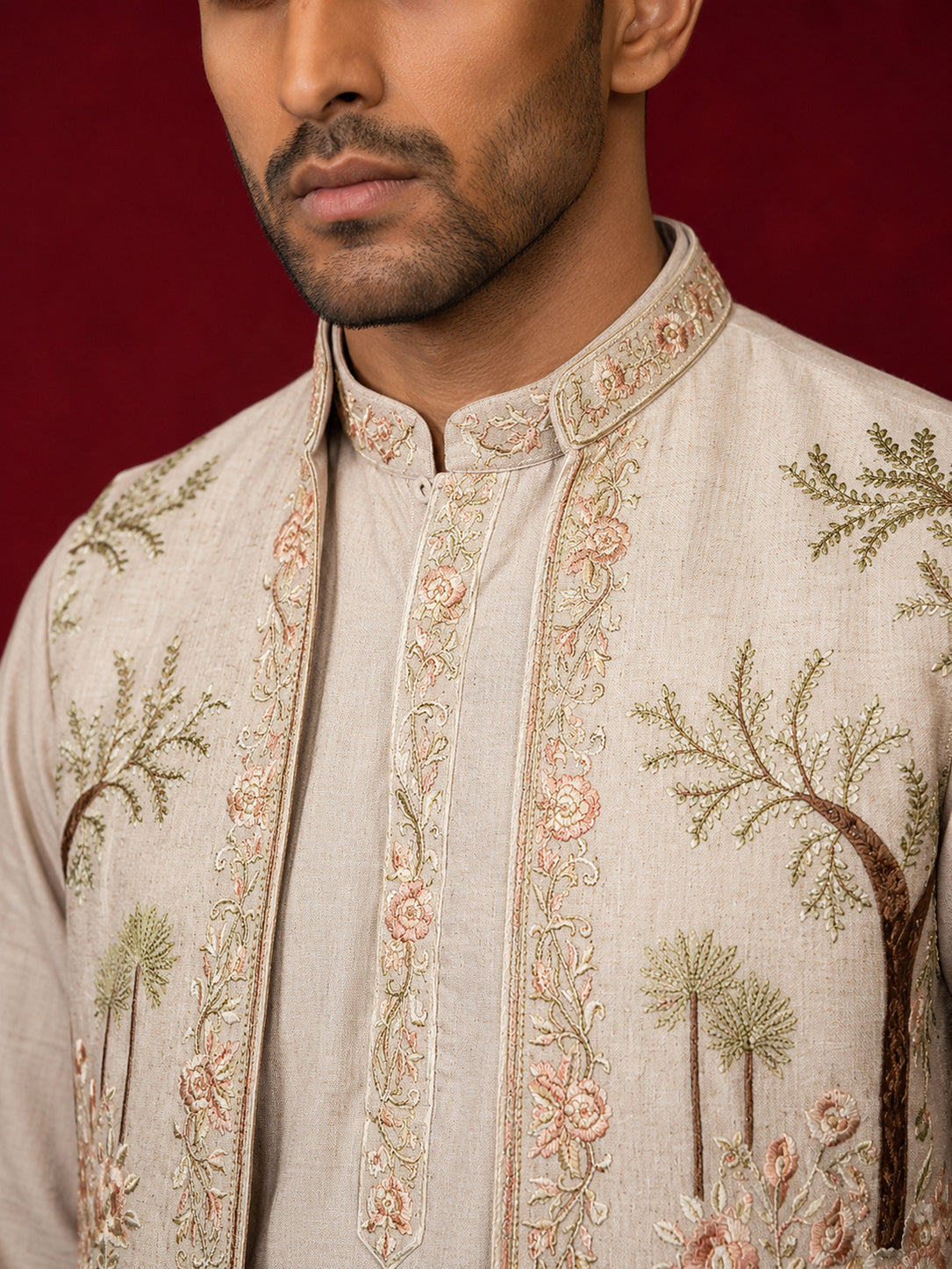 Men Floral Embroidered Cotton Kurta Pyjama & Waistcoat Set ( 65KPWCS MC 5491Beige ) [FF] [H-12]