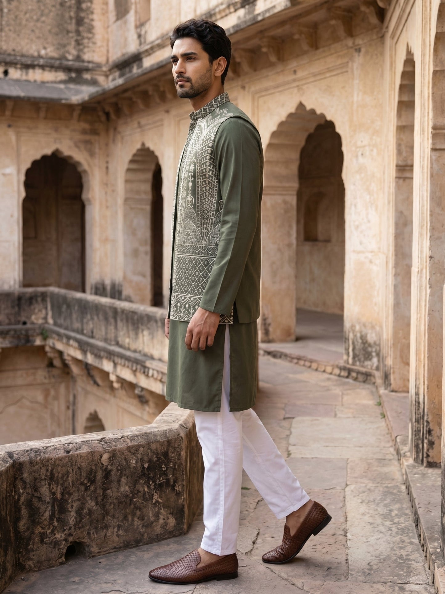 Silk Blend Embroidered Kurta Pyjama with Jacket ( 65KPWCS 5534Mehndi )