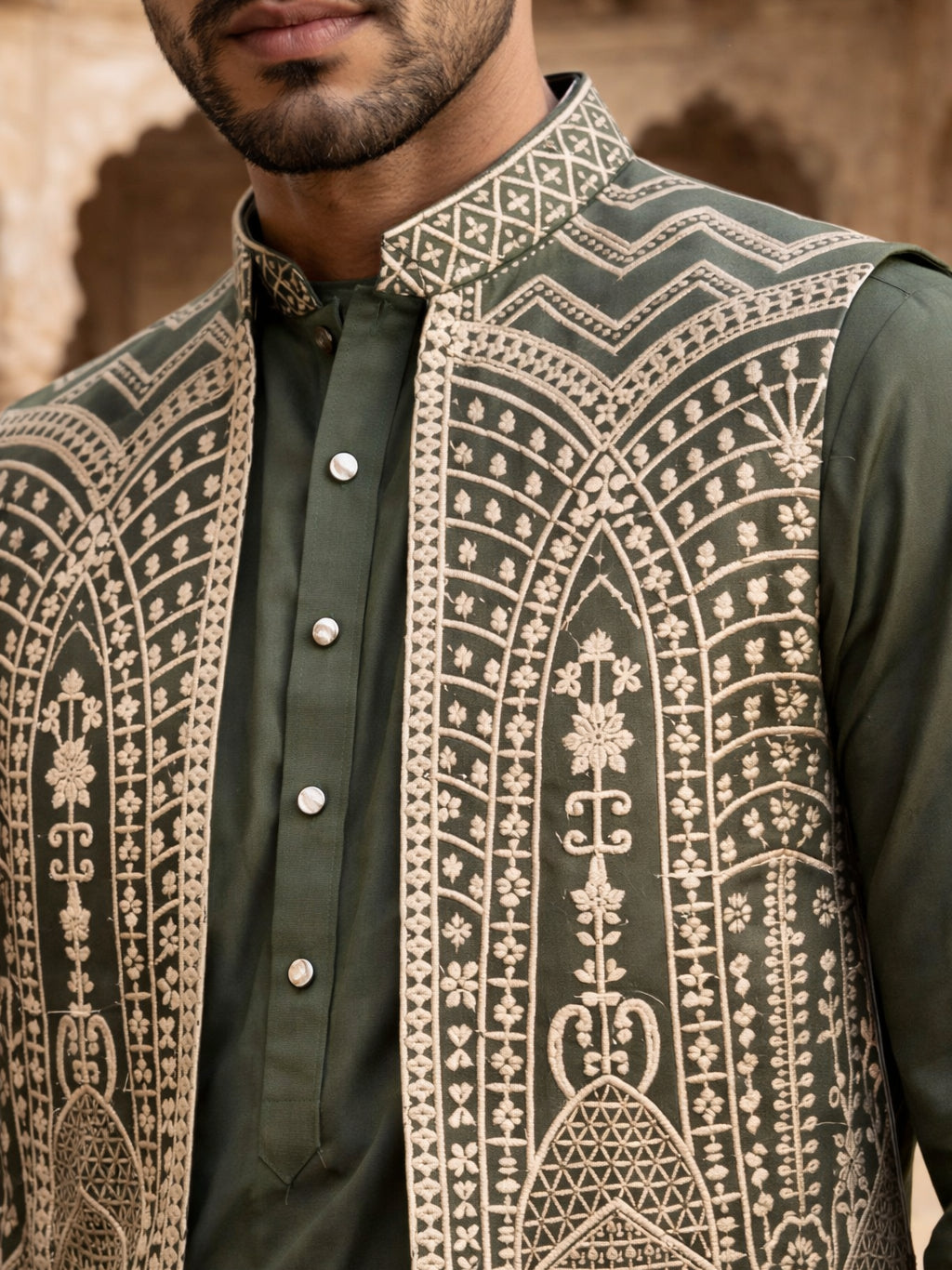 Silk Blend Embroidered Kurta Pyjama with Jacket ( 65KPWCS 5534Mehndi )