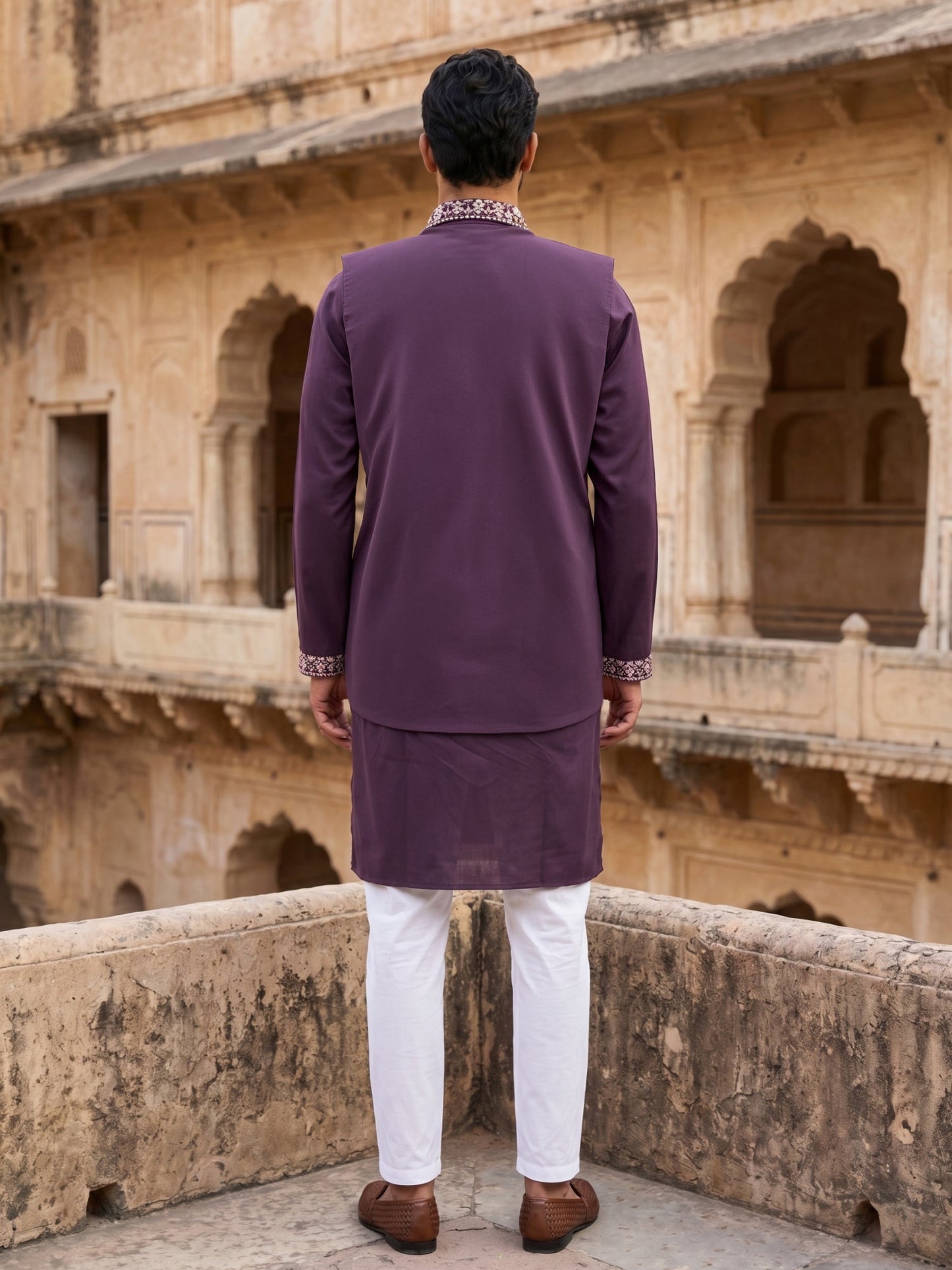 Silk Blend Floral Embroidered Kurta Set with Waistcoat ( 65KPWCS 5535Purple )