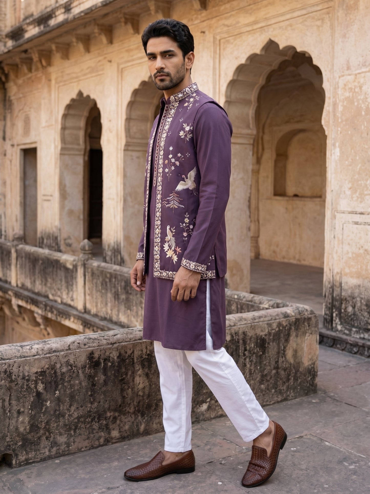 Silk Blend Floral Embroidered Kurta Set with Waistcoat ( 65KPWCS 5535Purple )