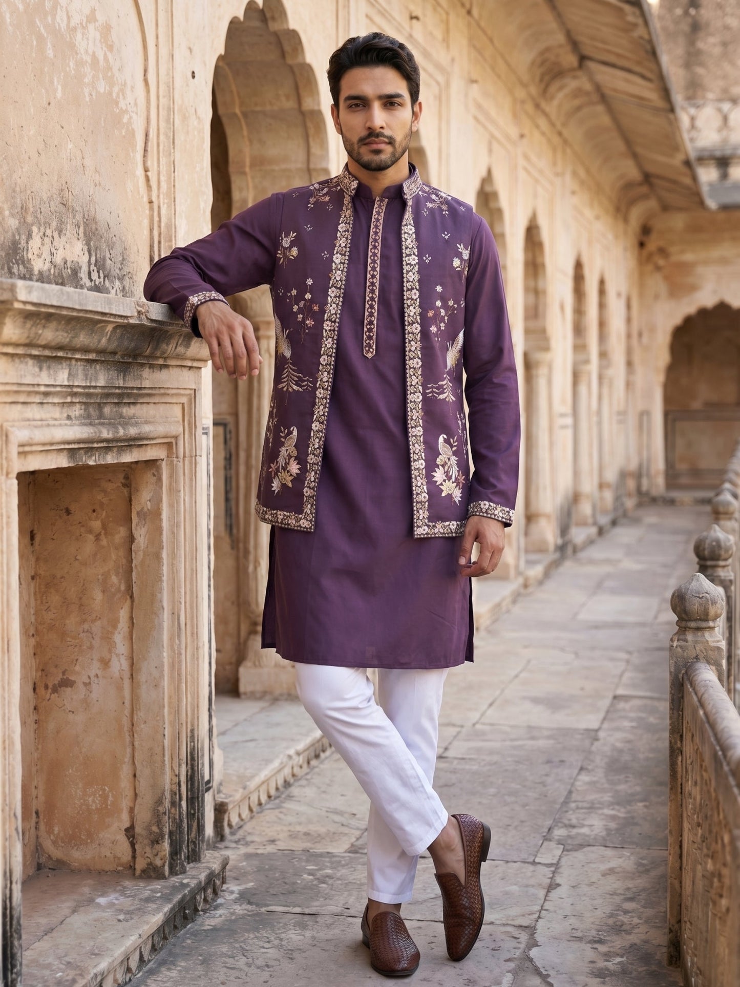 Silk Blend Floral Embroidered Kurta Set with Waistcoat ( 65KPWCS 5535Purple )
