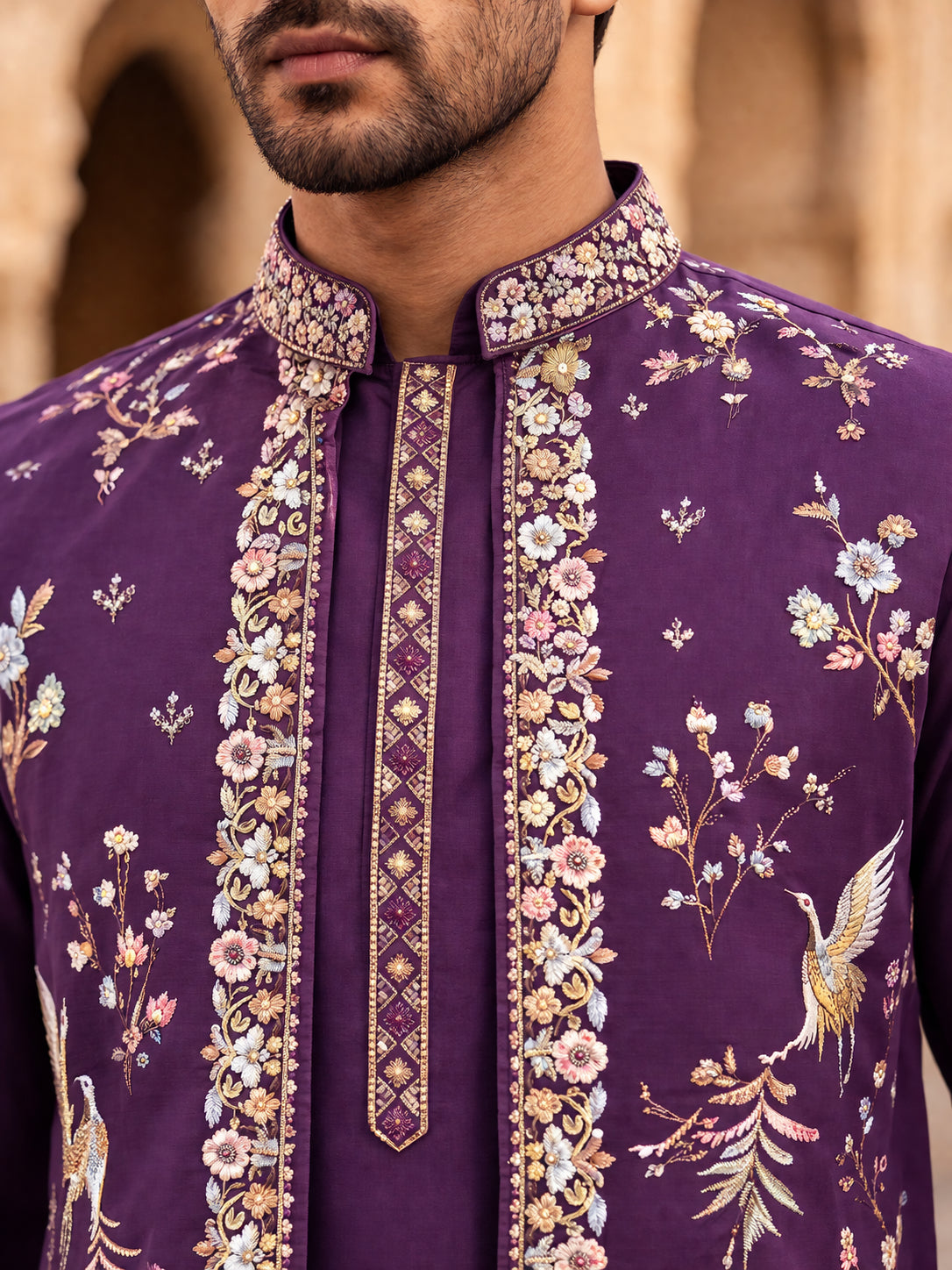 Silk Blend Floral Embroidered Kurta Set with Waistcoat ( 65KPWCS 5535Purple )