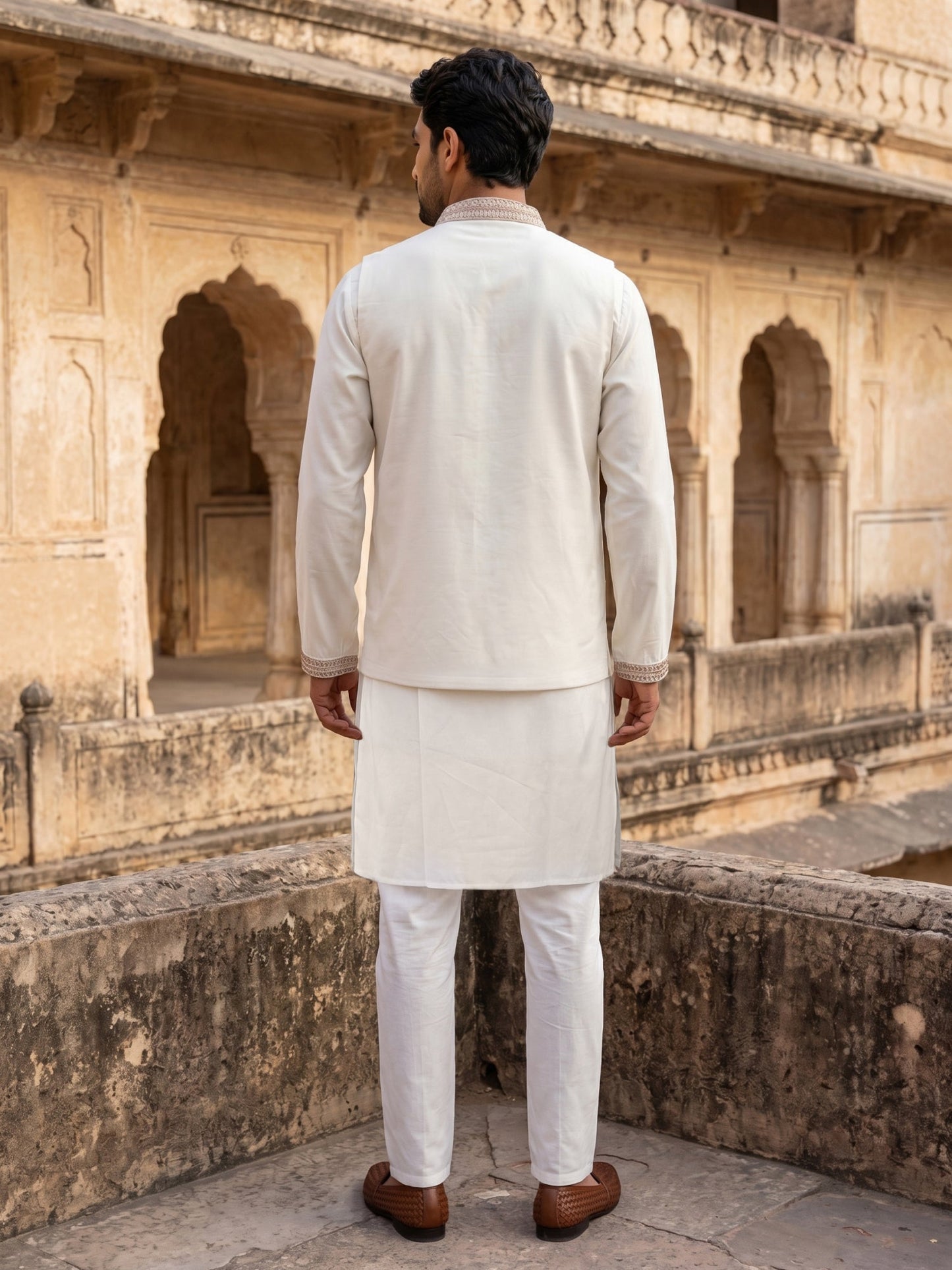 Silk Blend Kurta Pyjama with Embroidered Jacket ( 65KPWCS 5536White )