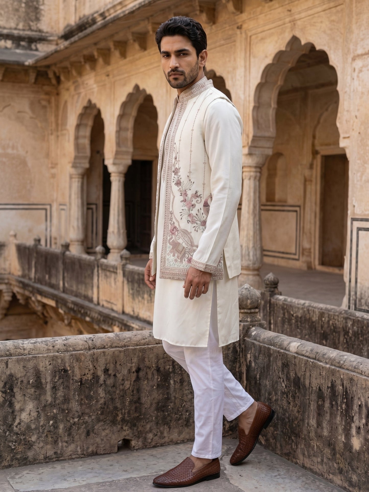 Silk Blend Kurta Pyjama with Embroidered Jacket ( 65KPWCS 5536White )