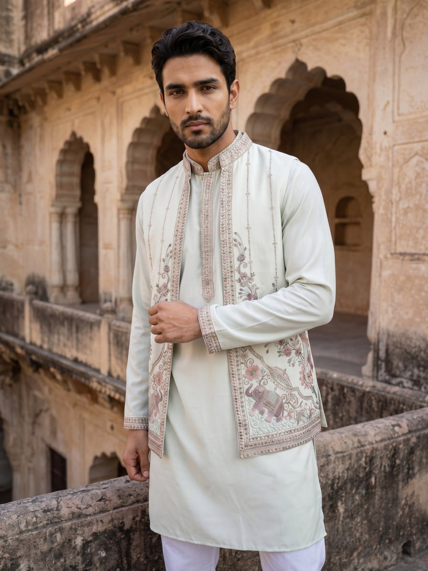 Silk Blend Kurta Pyjama with Embroidered Jacket ( 65KPWCS 5536White )