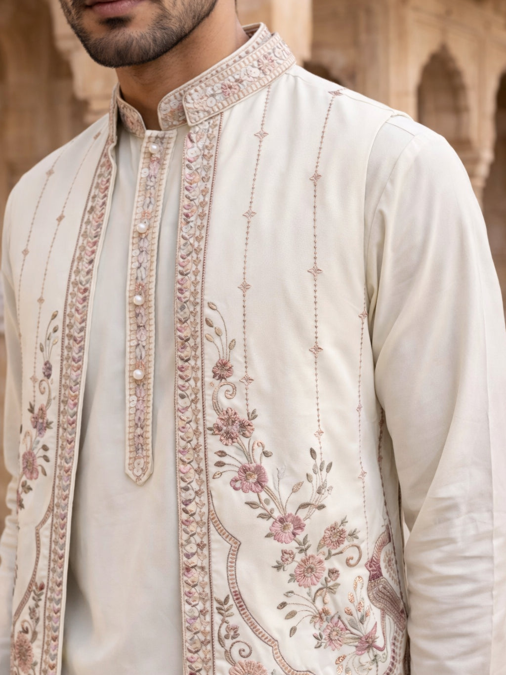 Silk Blend Kurta Pyjama with Embroidered Jacket ( 65KPWCS 5536White )