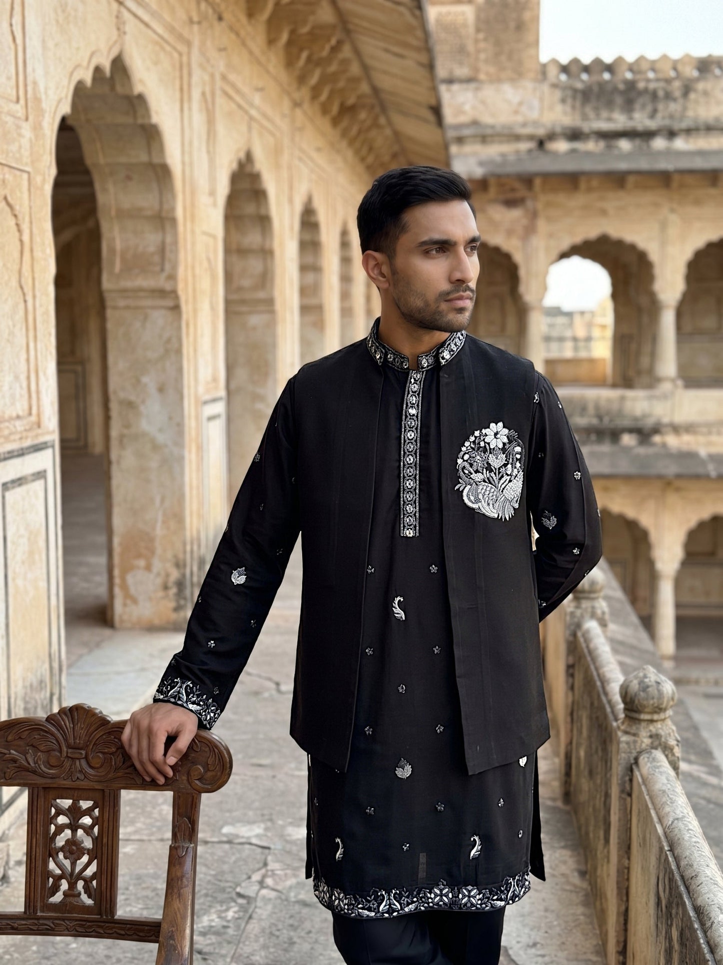 Japanese Fabric Floral Embroidered Kurta Pyjama & Waistcoat Set