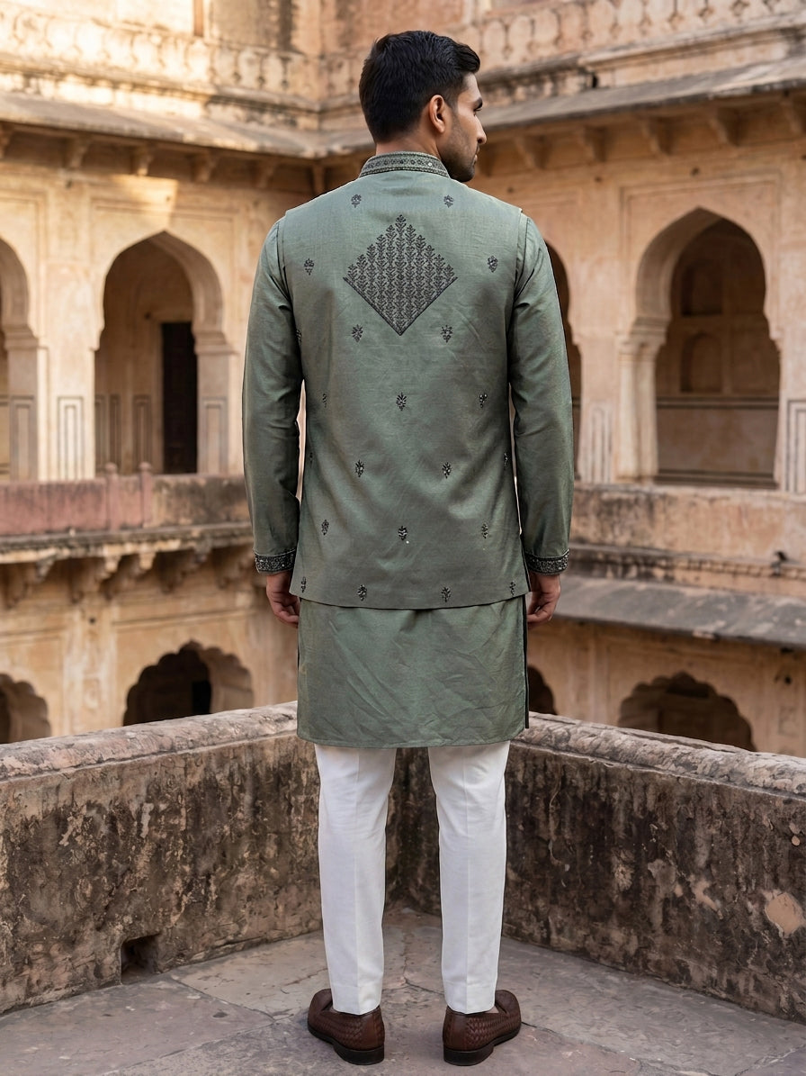Silk Blend Embroidered Kurta Pyjama & Waistcoat Set