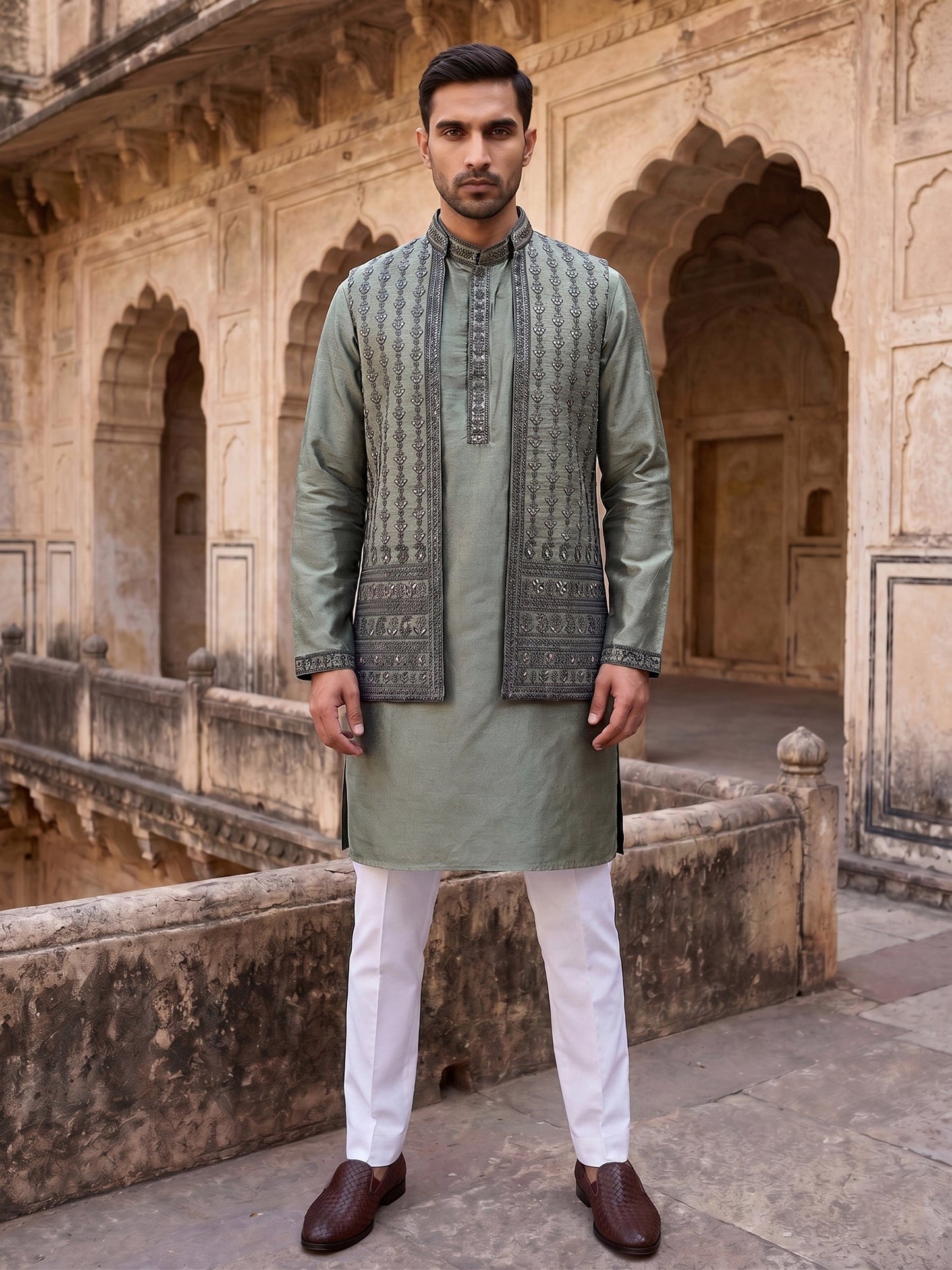 Silk Blend Embroidered Kurta Pyjama & Waistcoat Set