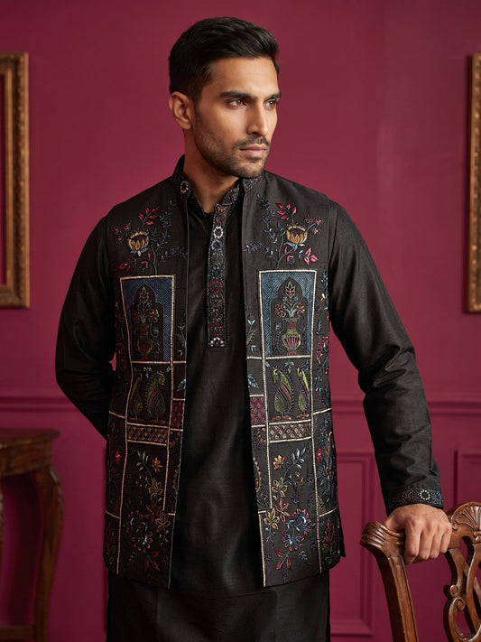 Cotton Blend Embroidered Kurta Pyjama & Waistcoat Set ( 65KPWCS 5558Black ) [FF] [E-4-5]
