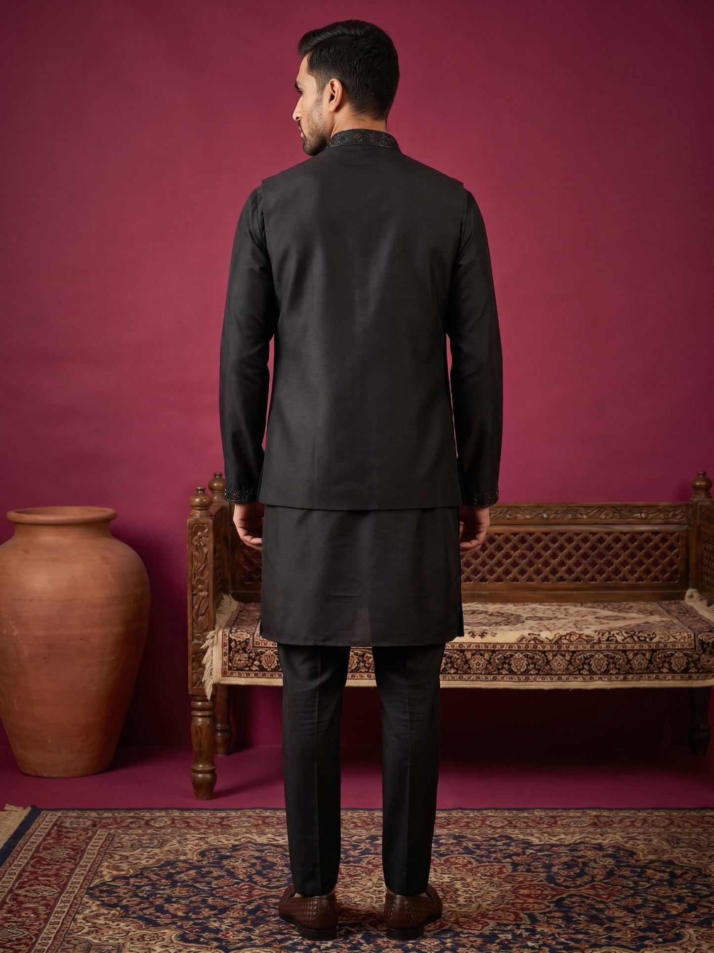 Cotton Blend Embroidered Kurta Pyjama & Waistcoat Set