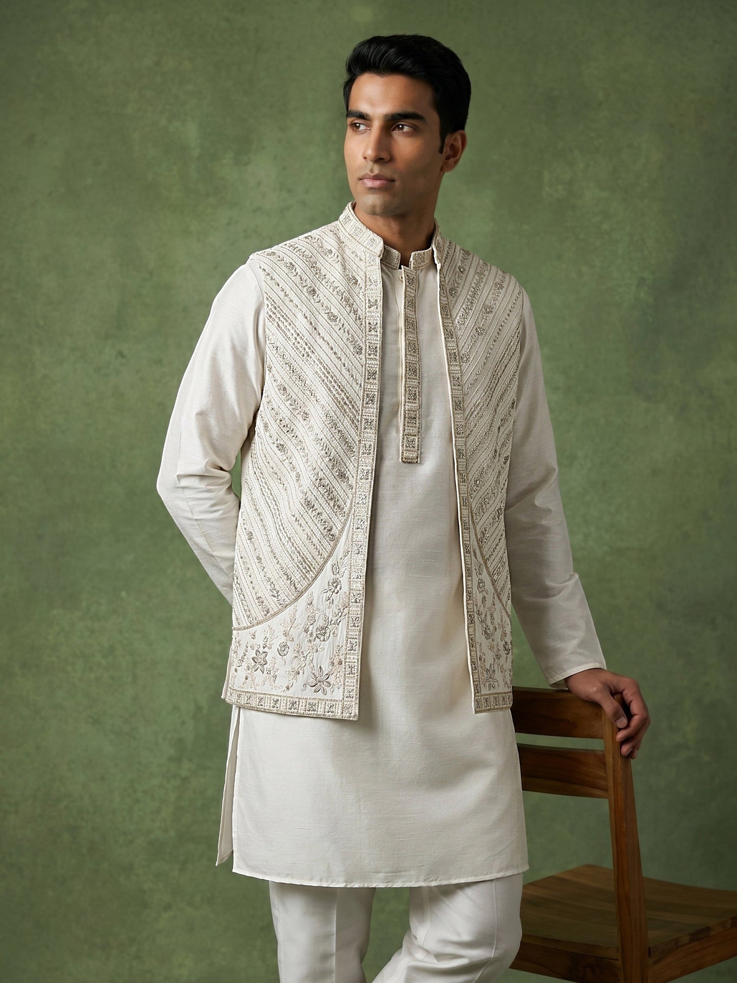 Silk Blend Embroidered Kurta Pyjama & Waistcoat Set