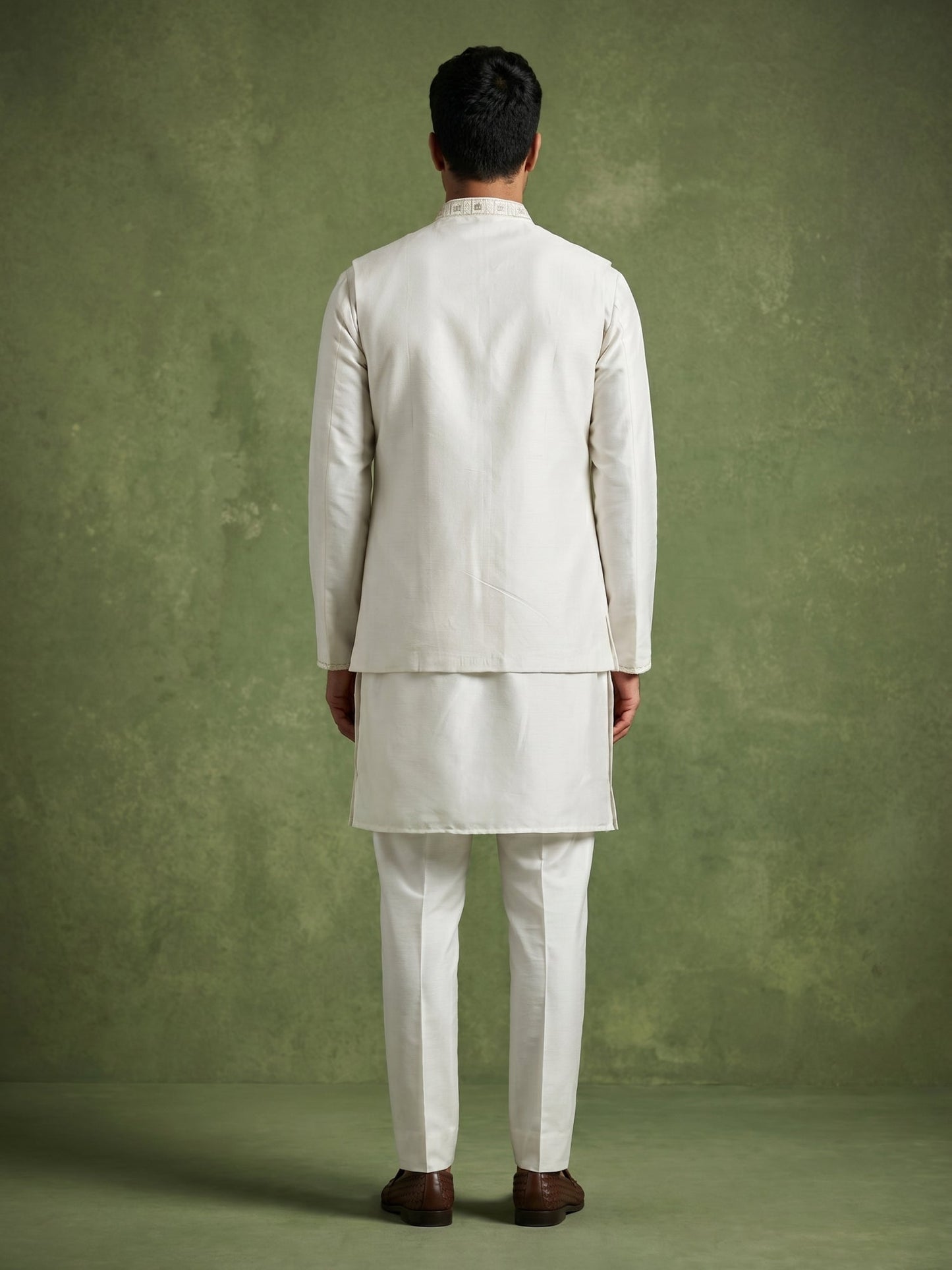 Silk Blend Embroidered Kurta Pyjama & Waistcoat Set