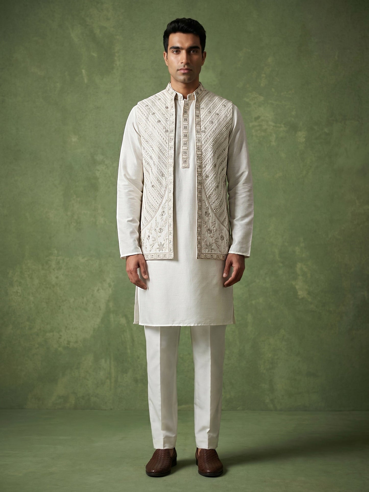Silk Blend Embroidered Kurta Pyjama & Waistcoat Set