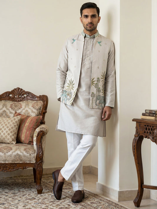 Ethnic Embroidered Waistcoat with Kurta Set ( 65KPWCS 5560Cream ) [FF] [H-12]