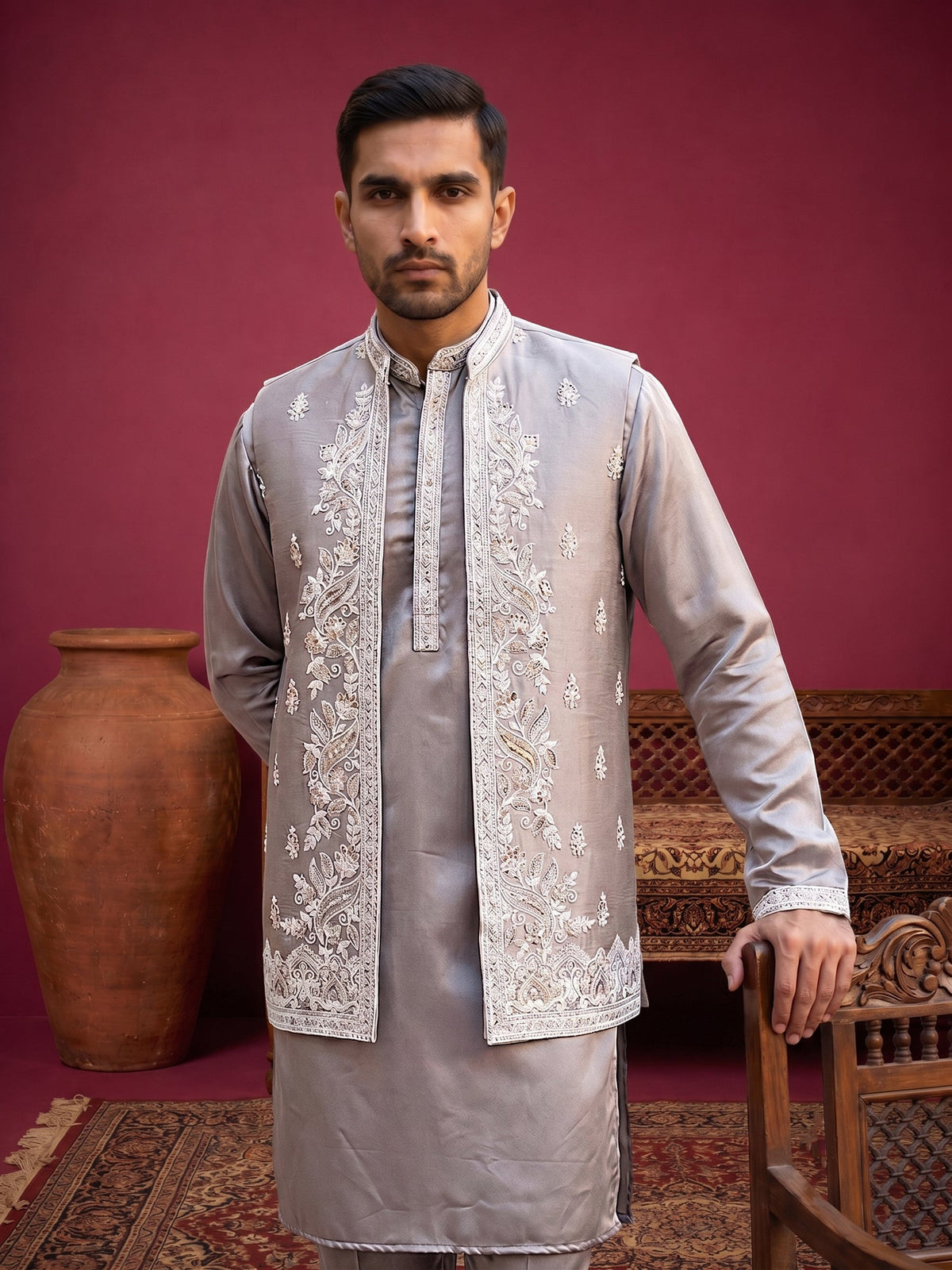 Men's Silk Blend Embroidered Nehru Jacket with Kurta & Pyjama Set ( 65KPWCS 5561Bronze ) [FF] [H-12]